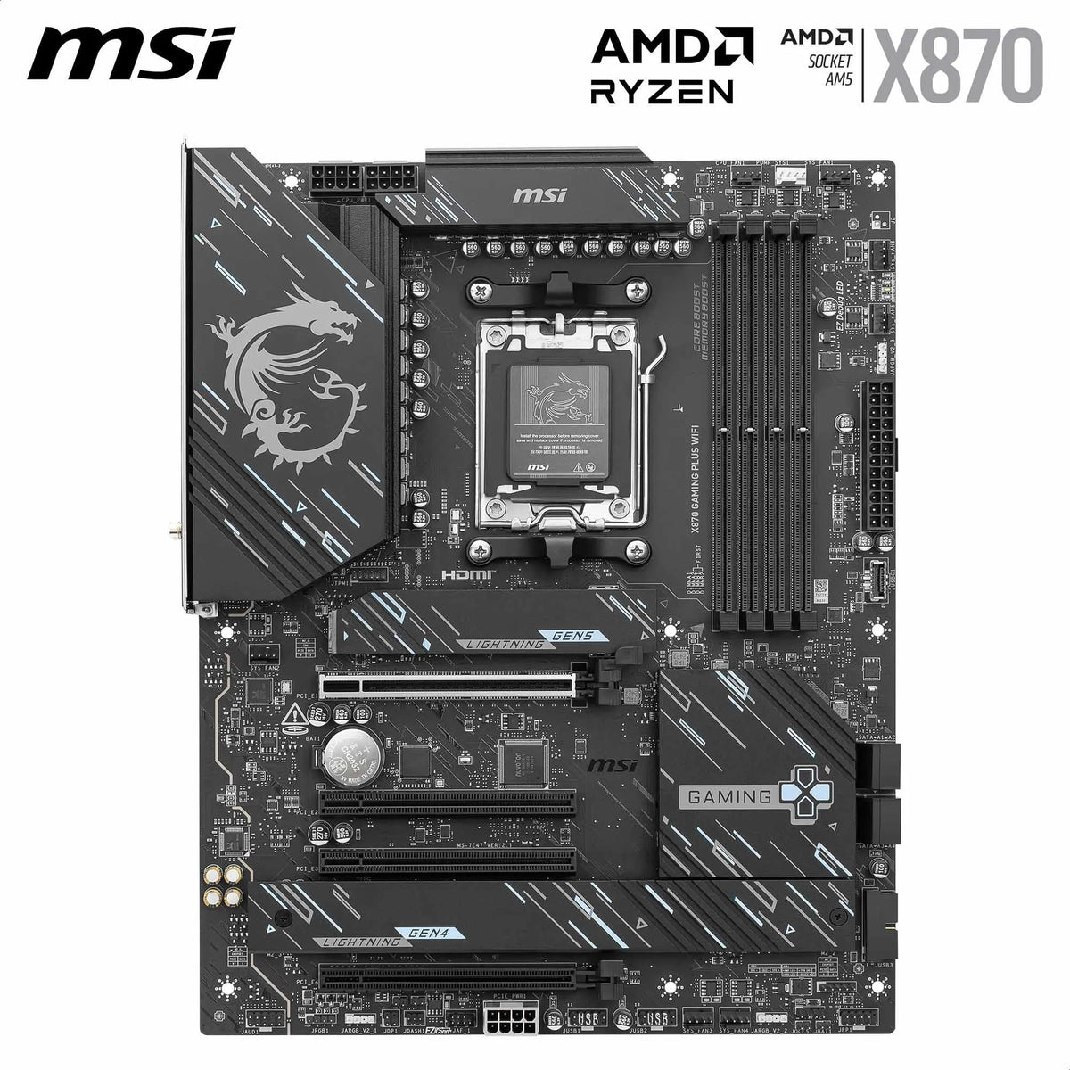 MSI X870 Gaming Plus WiFi Motherboard, ATX - Supports AMD Ryzen 9000/8000/7000 processors, AM5-14+2+1 Duet Rail System, DDR5 8200+MT/s (OC), PCIe 5.0 x16 & 4.0 x16, M.2 Gen5, Wi-Fi 7, 5G LAN - 7E47-004R