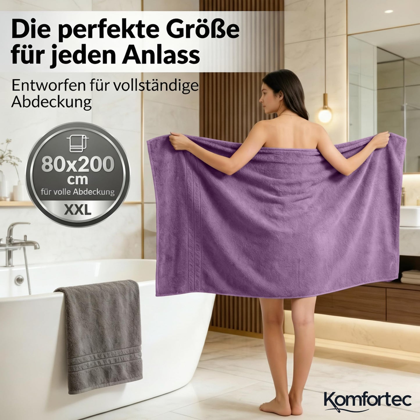 Komfortec 2 sauna towel set 80x200 cm, large sauna towels made of 100% cotton, sauna towels, fluffy and absorbent, quick-drying, anthracite grey/purple - 2er-80x200-anhtrazit-violett