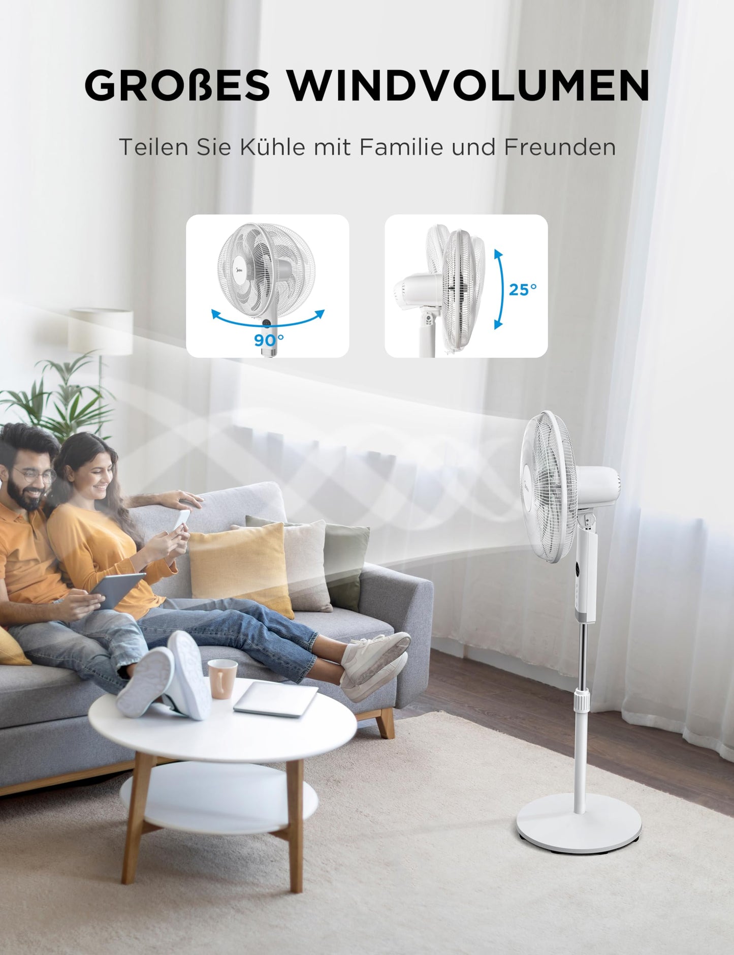 Midea FS40-23MR 3 speed pedestal fan, telescopic height and size, remote control, dual acceleration system, 90 degree swing left and right - MFS400R0APW