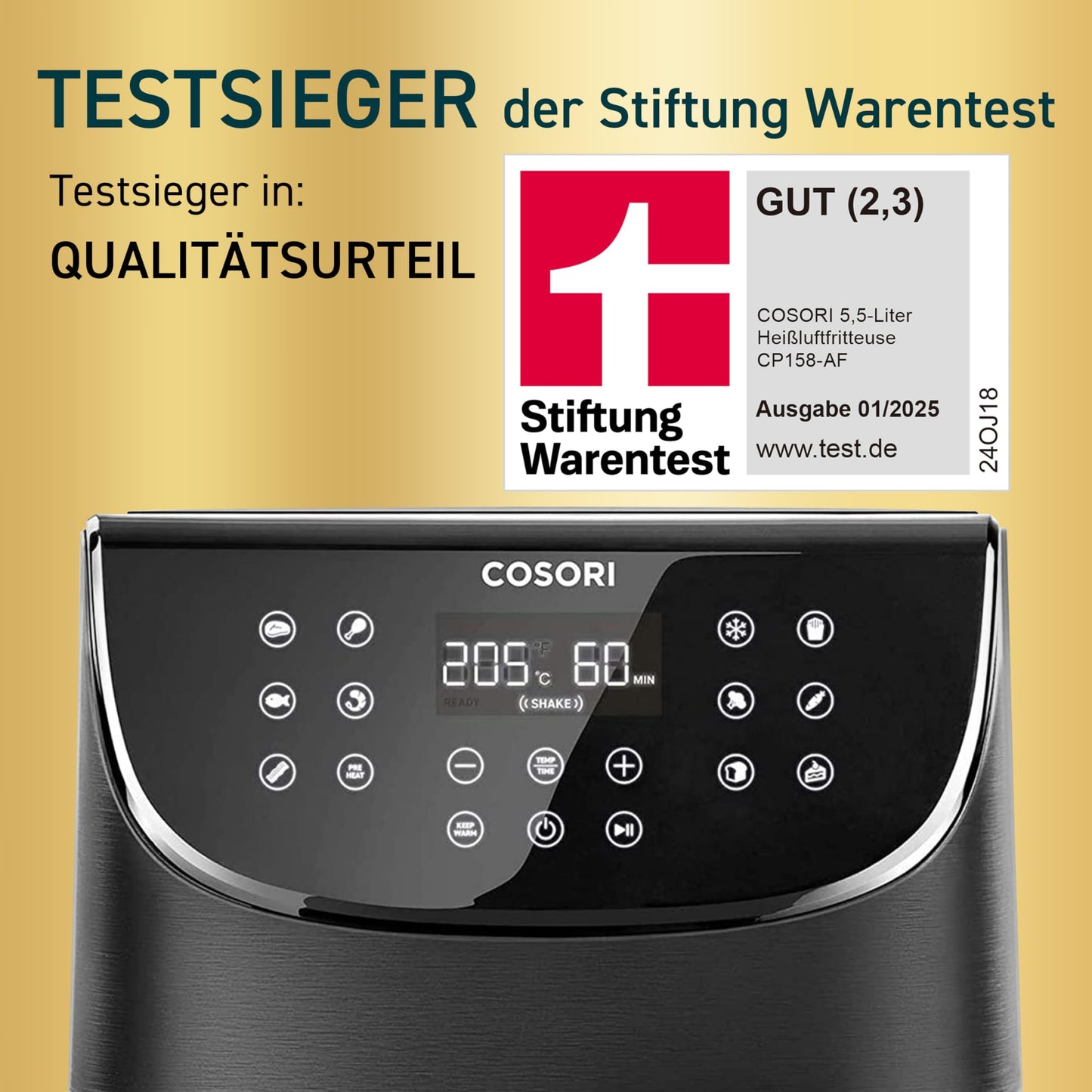 COSORI hot air fryer, Airfryer test winner 2024, 11-in-1 Air Fryer XXL 5.5L, hot air fryer with shake reminder, 97.3 percent oil saving, 67.5 percent energy saving, dishwasher safe baskets - CP158-AF