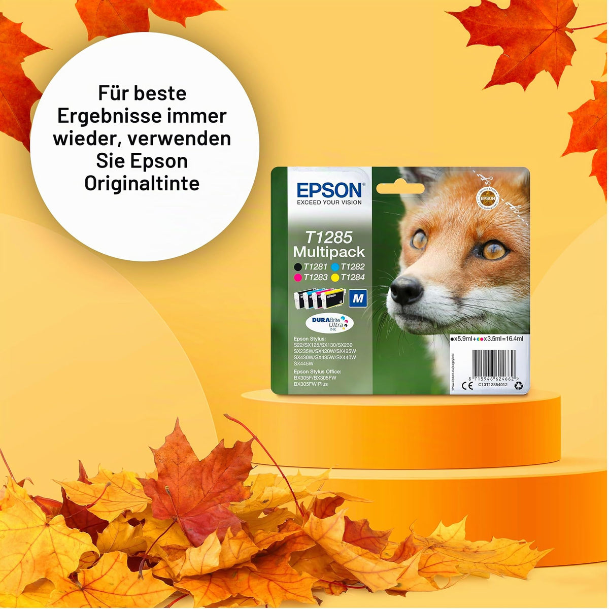 Epson Original Fuchs DURABrite T1282 Multipack EasyMail Ink Cartridge, reduced plastic packaging – 4 colors: Cartridges: Black, Cyan, Magenta, Yellow – 1 x 5.9 ml, 3 x 3.5 ml - C13T12854511
