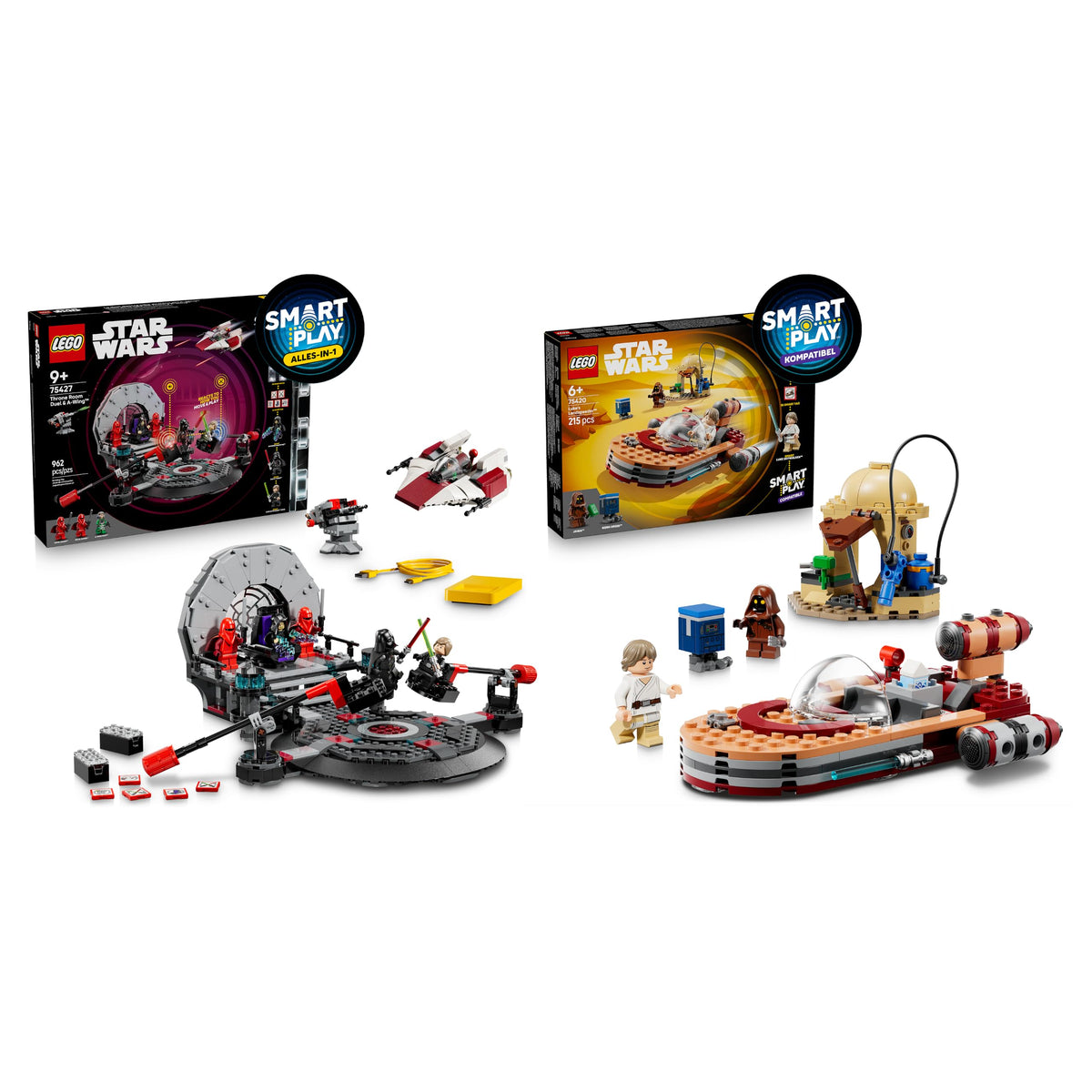 LEGO Star Wars SMART Play Bundle: Throne Room Duel & A-Wing All-In-One Set 75427 & Luke’s Landspeeder Compatible Set 75420 - Jucării interactive - Cadouri pentru băieți și fete de 9 ani și mai mari