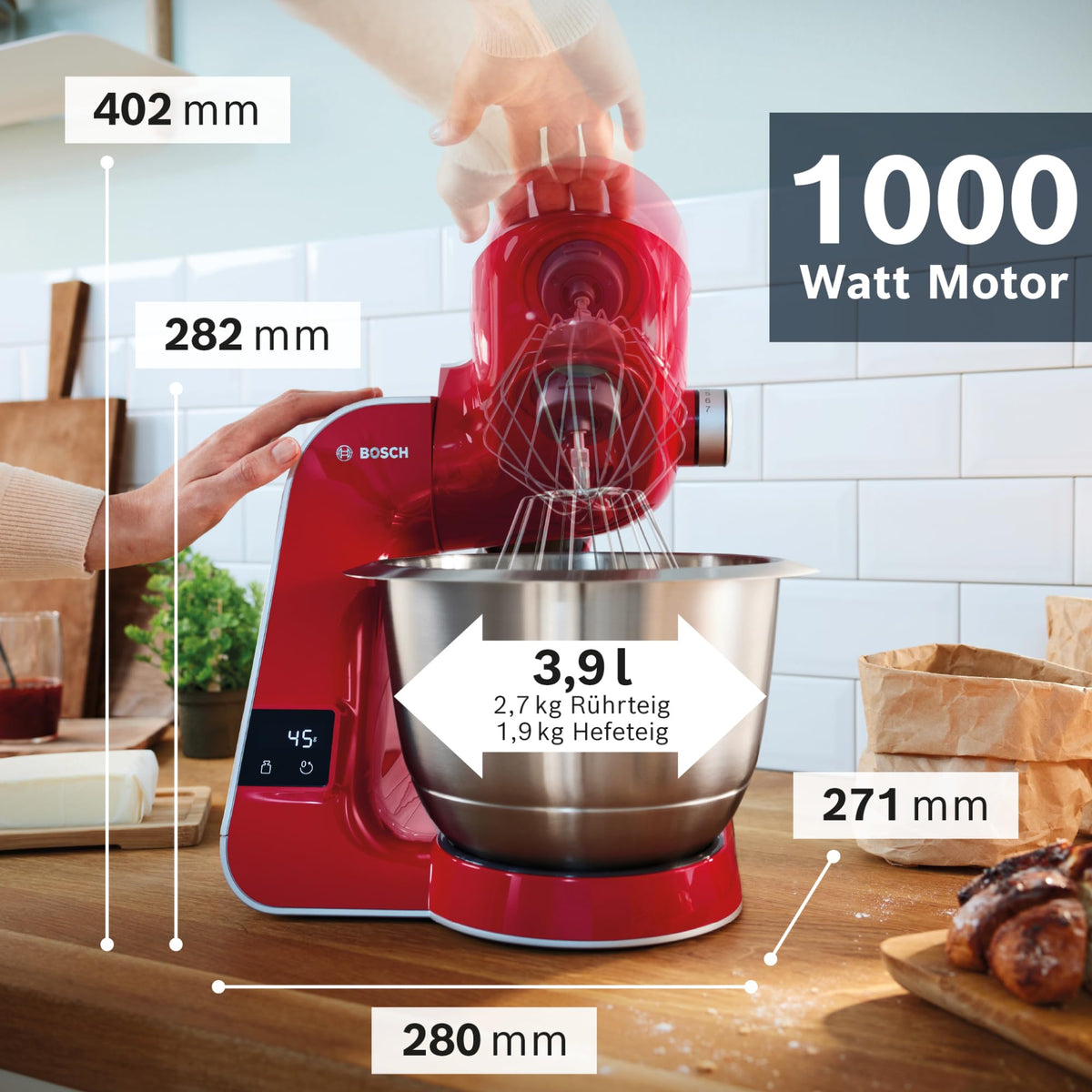 Bosch Kitchen Machine MUM5 MUM5X720, integrated scale, stainless steel bowl 3.9L, blender 1.25L, professional kneading hook, planetary mixing gear, whisk, continuous slicer, 1000 W, silver/dark red