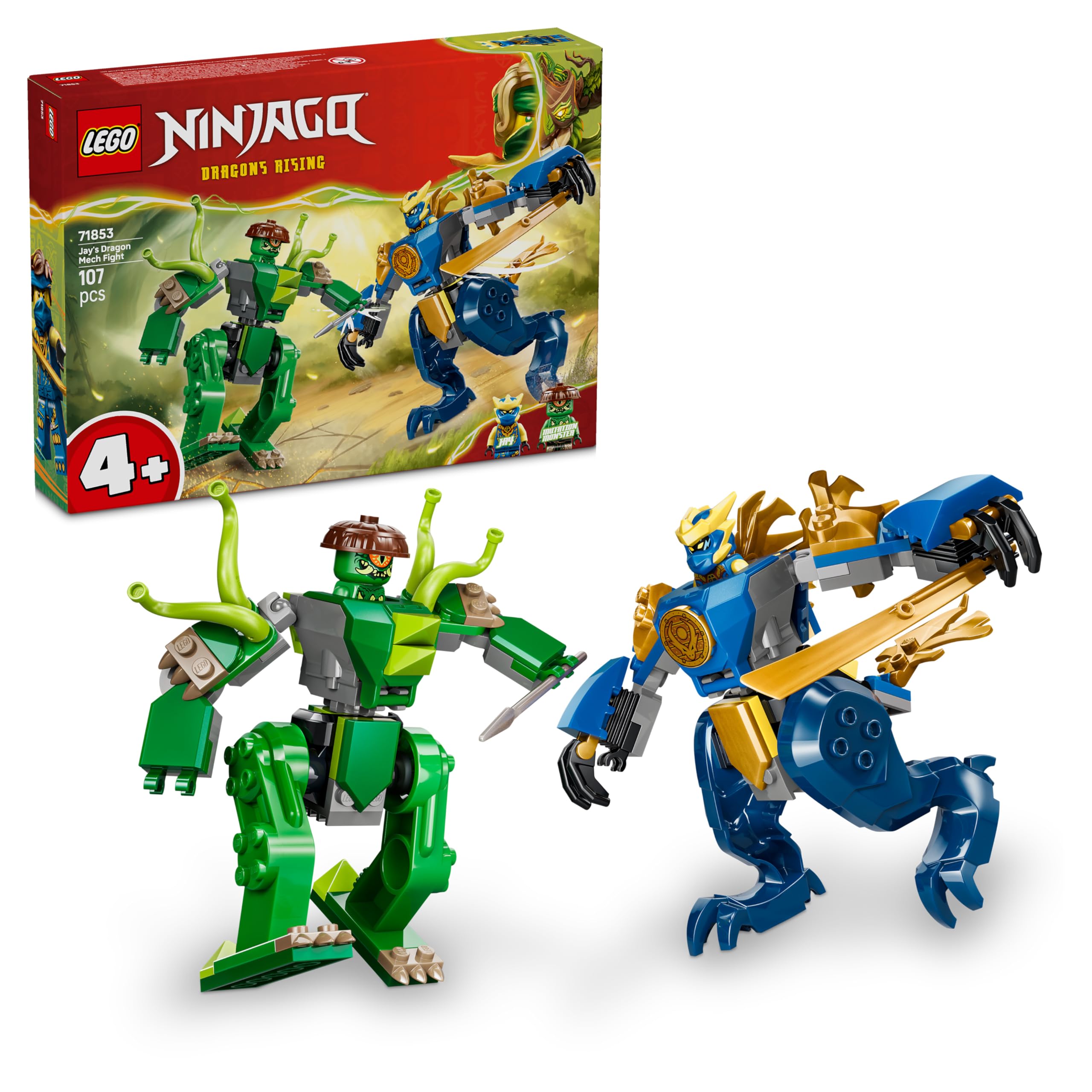 LEGO NINJAGO Duel with Jay's Dragon Mech - Ninja toy for boys and girls - model building with 2 action figures, 2 minifigures, katana and sword - gift for children aged 4 and over - 71853