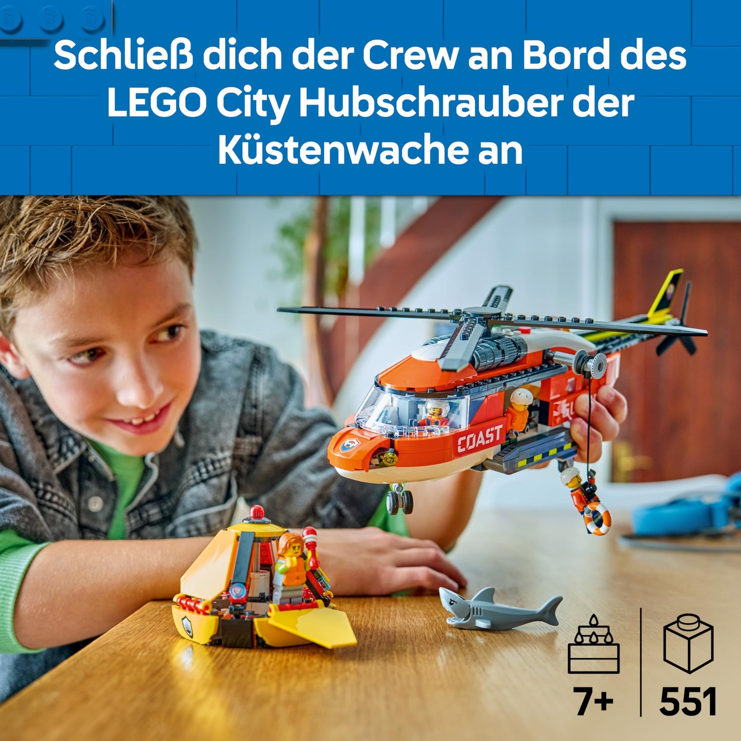 LEGO City Coast Guard Helicopter - Toy Emergency Vehicle - Model Building with Sliding Doors, Winch, 4 Minifigures and Shark Figure - Birthday Gift for Boys Ages 7 and Up - 60503