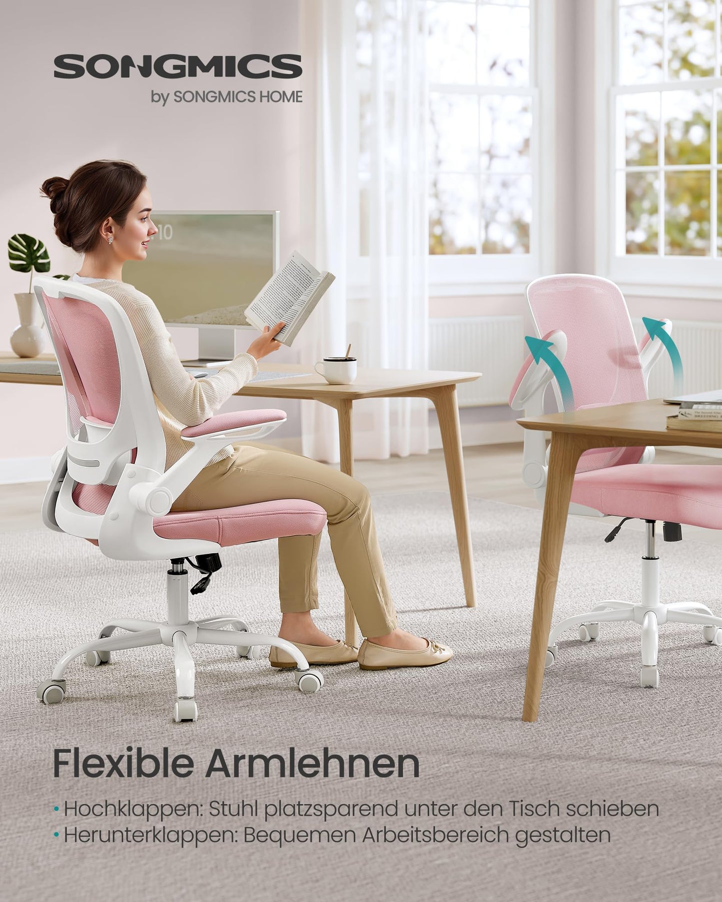 SONGMICS Office Chair Ergonomic, Swivel Chair with Mesh, Lumbar Support, Rocker Function, 53cm Seat, Folding Armrests, Study and Bedroom, Students, Pastel Pink OBN037R01