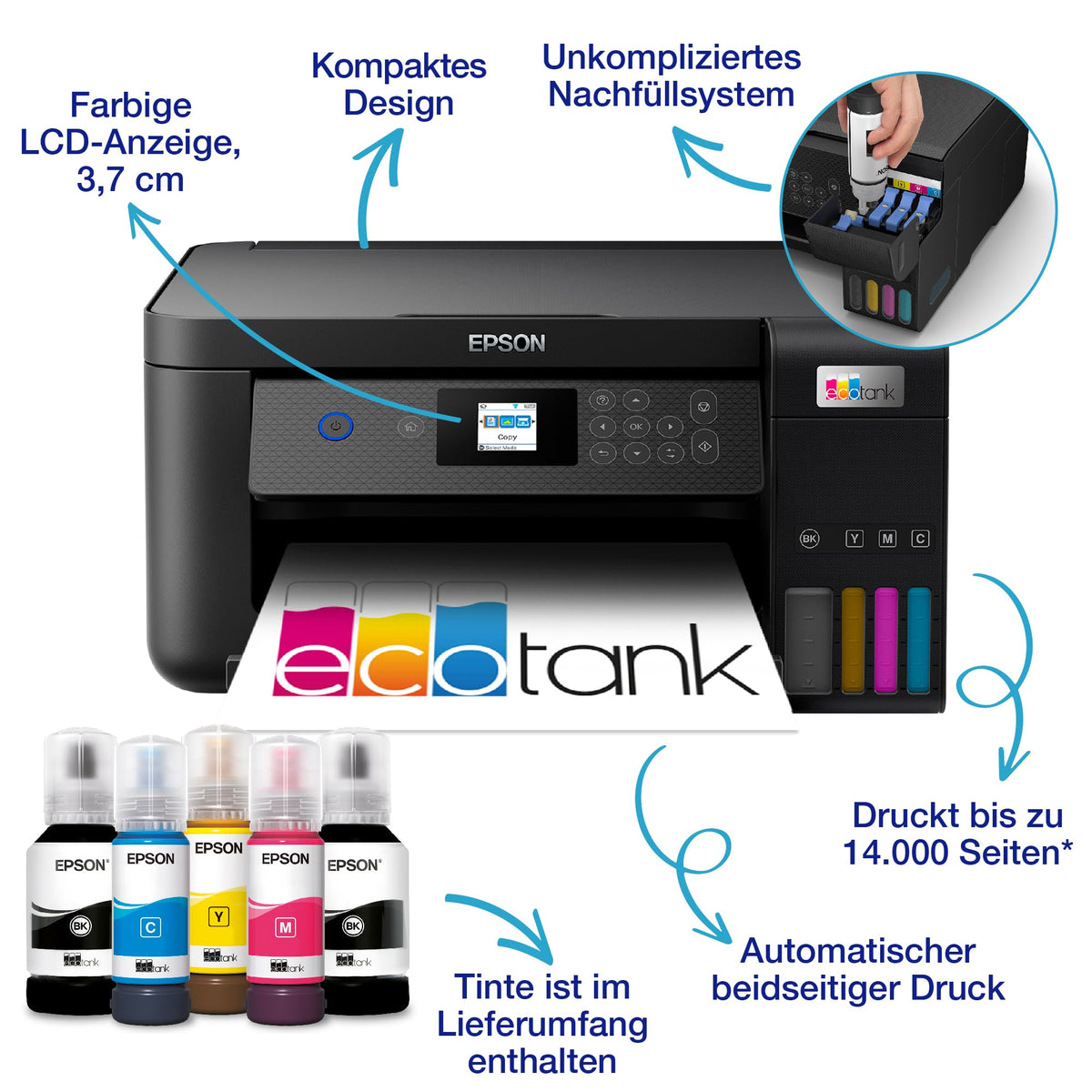 Epson EcoTank ET-2850 A4 Multifunction Wi-Fi Ink Tank Printer, with an included supply of ink for up to 3 years. - C11CJ63405