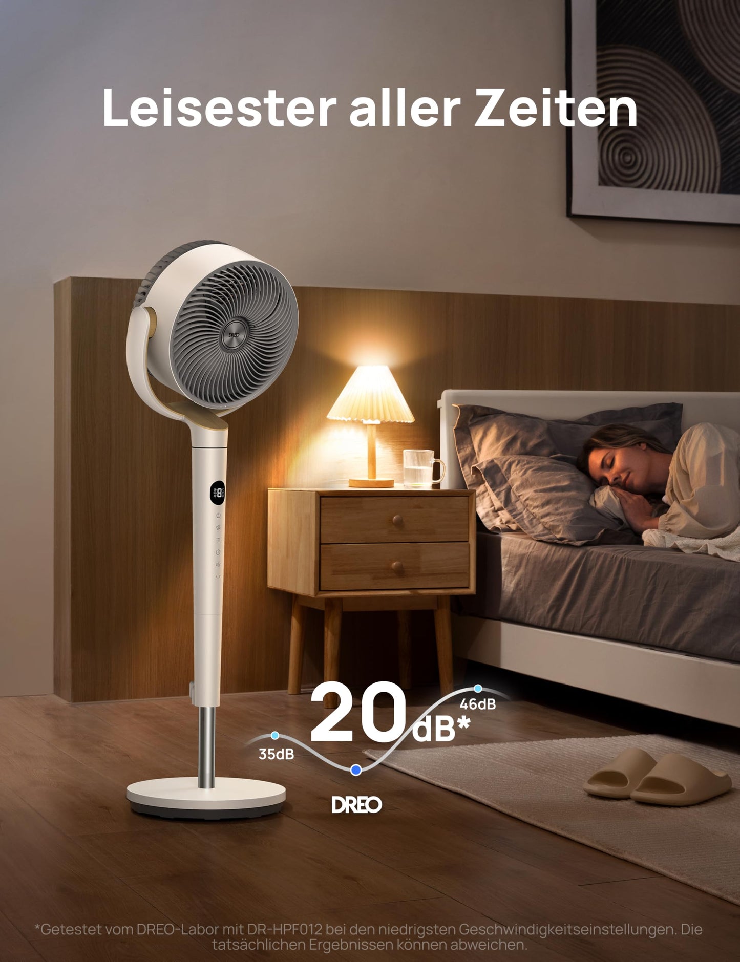 DREO pedestal fan very quiet, large fan with remote control, 20dB silent fan with DC motor, 120° oscillating, 4 modes, 94-107cm height adjustable, floor fan, TurboPoly™ Fan 512, white