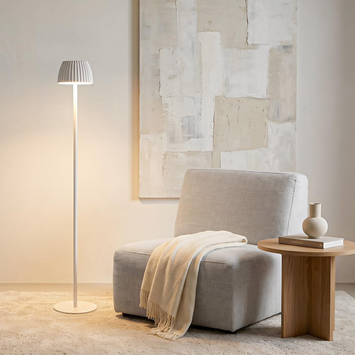 BRILONER - Riffle LED Floor Lamp Wireless IP44 with Touch, Dimmable, Memory Function, Replaceable Battery, Floor Reading Lamp, Living Room Lamp, German Design Award Winner 2025, 19x124 cm, White - 1238016