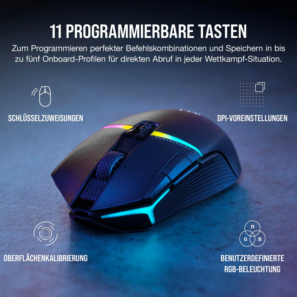 Corsair NIGHTSABRE RGB Wireless Gaming Mouse for FPS, MOBA - 26,000 DPI - 11 Programmable Buttons - Up to 100 Hours Battery Life - iCUE Compatible - Black - CH-931B011-EU