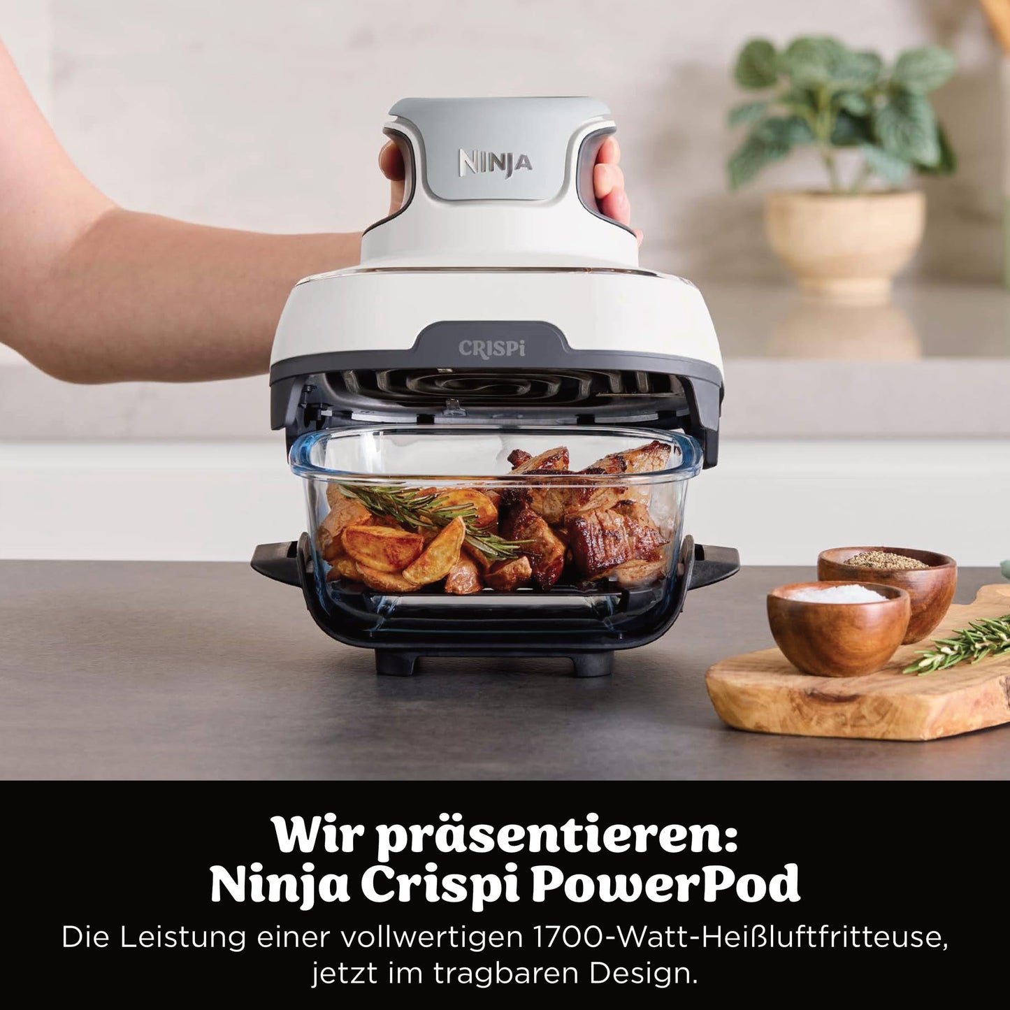 Ninja CRISPi Portable Air Fryer with Carry Bag, 3.8L & 1.4L, 4-in-1: Air Frying, Roasting, Crisping, Compact Design, 2 Removable Glass Containers & Lid, 1700W, White FN102EU