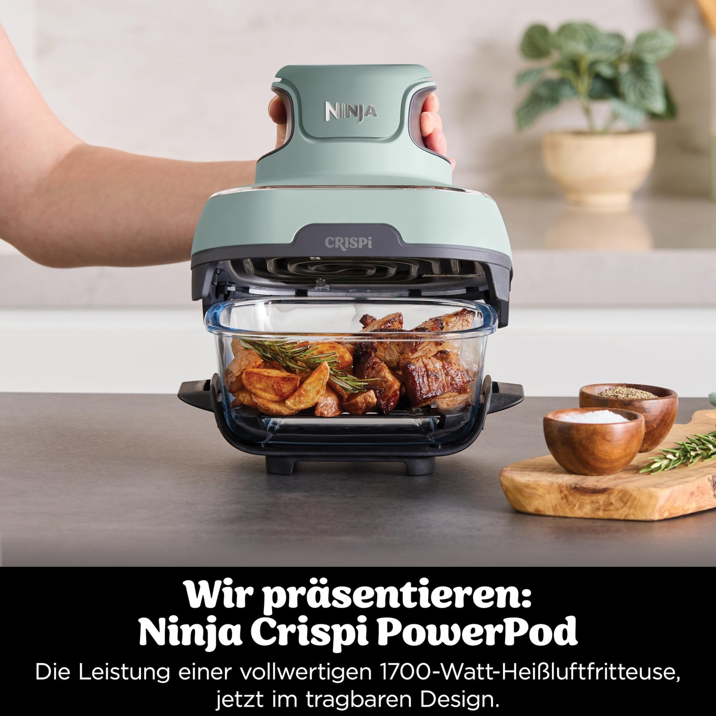 Ninja CRISPi Portable Air Fryer, 3.8L, 4-in-1: Air Frying, Roasting, Keeping Warm, Recrisp, Compact, 6 Servings, 2 Removable Glass Containers & Lids, 1700W, Sage FN101EUSG