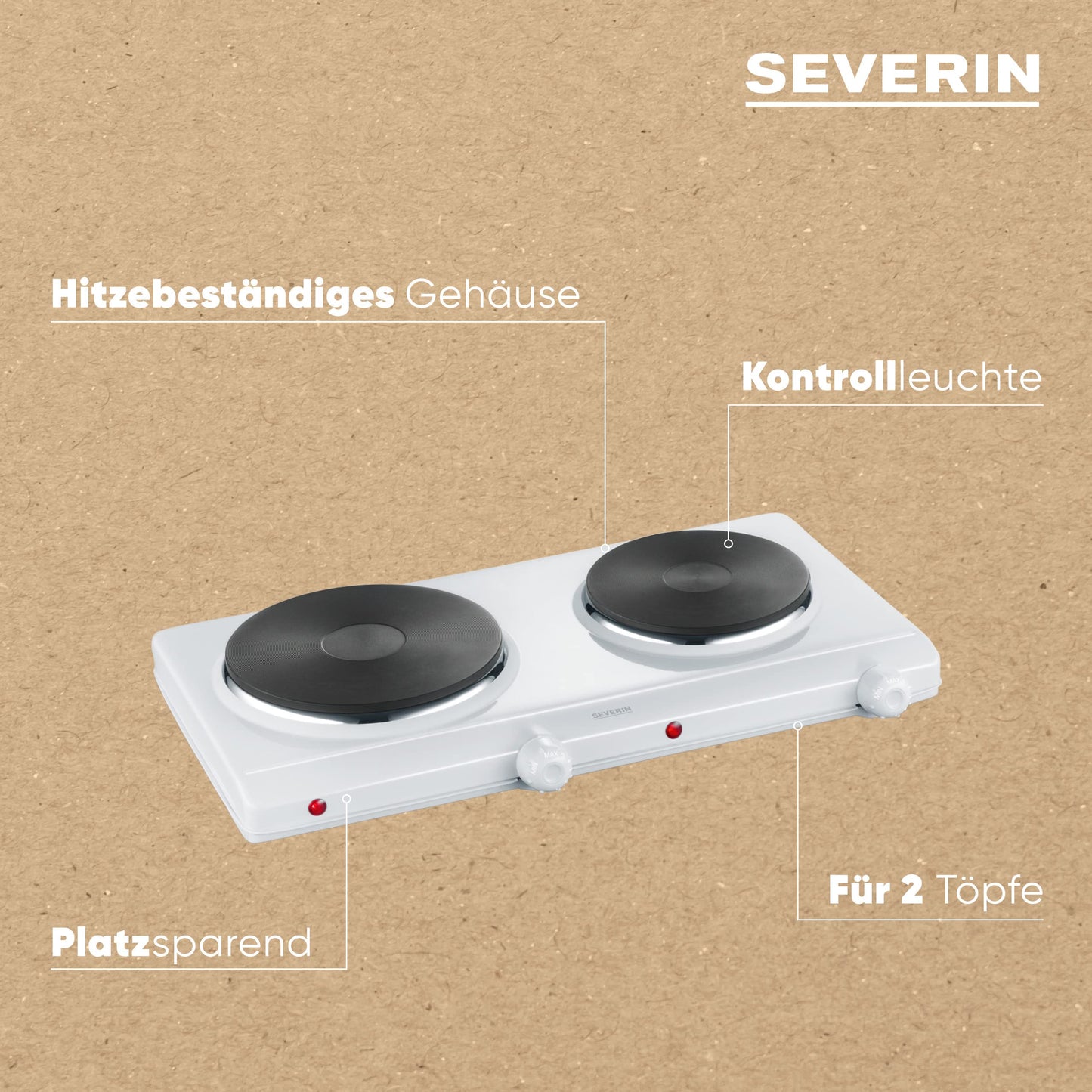Severin double hotplate for kitchen, office or camping, small hotplate with stepless temperature adjustment, camping stove for two pots, 2,500 W, silver, DK 1042 - S71042