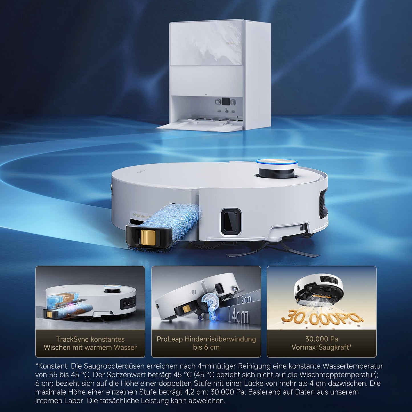 dreame Aqua10 Ultra Track Complete vacuum robot with wiping function, 30,000Pa suction power, 45 °C wiping, 6cm obstacle clearance, automatic. Empty, self-cleaning mop, 100% tangle-free, dir. language student - RLR81CE-1