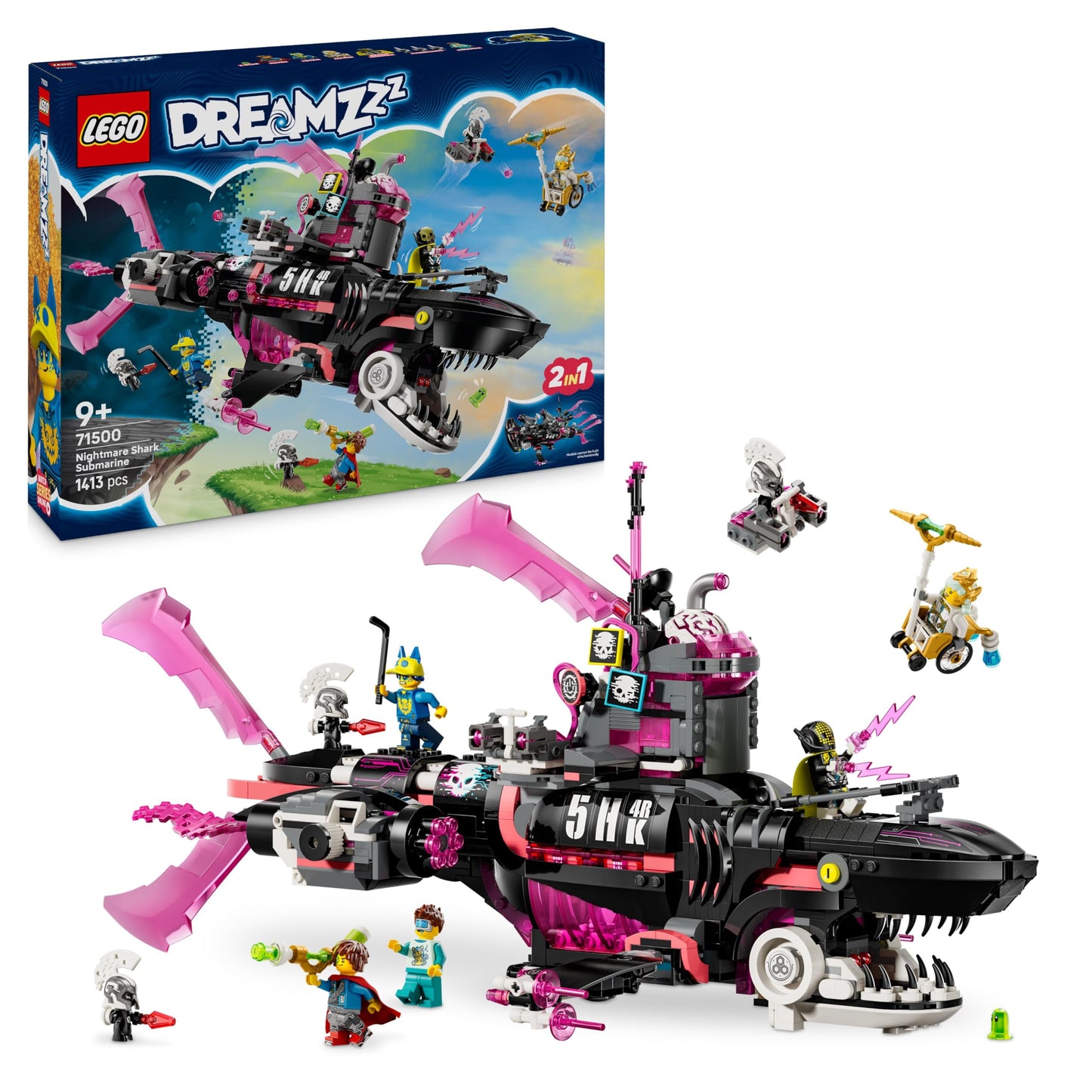 LEGO DREAMZzz Nightmare Shark Submarine - Modular set with 2 building options, 2 removable aircraft and 5 minifigures, including Mateo and Astrid - Gift for girls and boys aged 9 and up - 71500