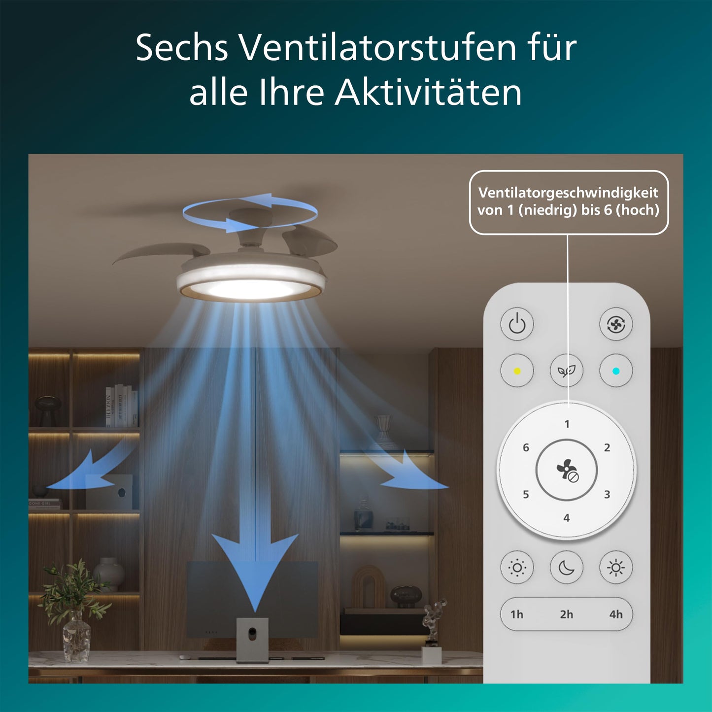Philips Bliss ceiling fan with LED light and retractable blades, 3 blades, 106 cm wingspan, 4,500 lumens, adjustable light (3,000 K to 6,500 K), dimmable up to 5%, incl. remote control, gold - 929004749801