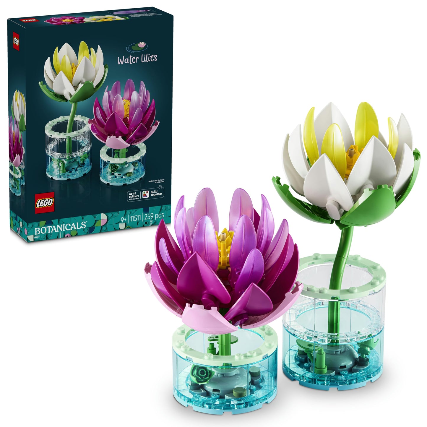 LEGO Botanicals Water Lilies - Artificial Flower Set with 2 Artificial Potted Plants in Transparent Vases - DIY Children's Room Decoration - Gift for Girls Ages 9 and Up & Adult Flower Lovers - 11511