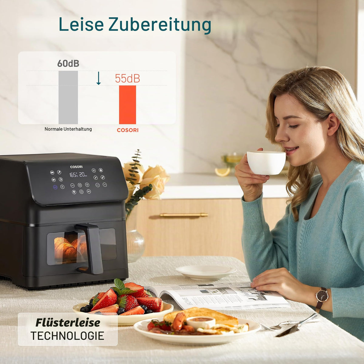 COSORI air fryer 6.2 liters with window, 1700 W, air fryer with 12 functions (baking and frying), one-touch display, time and temperature adjustable 75-205 ℃, 30 paper recipes & 50 online - CAF-P652-KEU