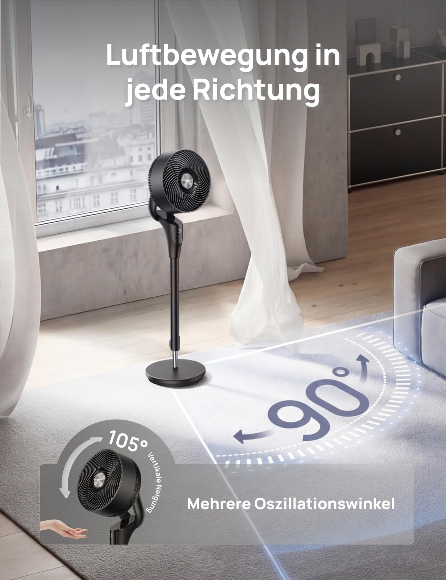 DREO Quiet Stand Fan for Bedroom [Improved], 27m Airflow, Quiet, 90° Oscillating, DC Motor, 8 Speeds, 3 Modes, 96-106cm Height Adjustable, 8H Timer, 105° Manual Tilt - DR-HPF013