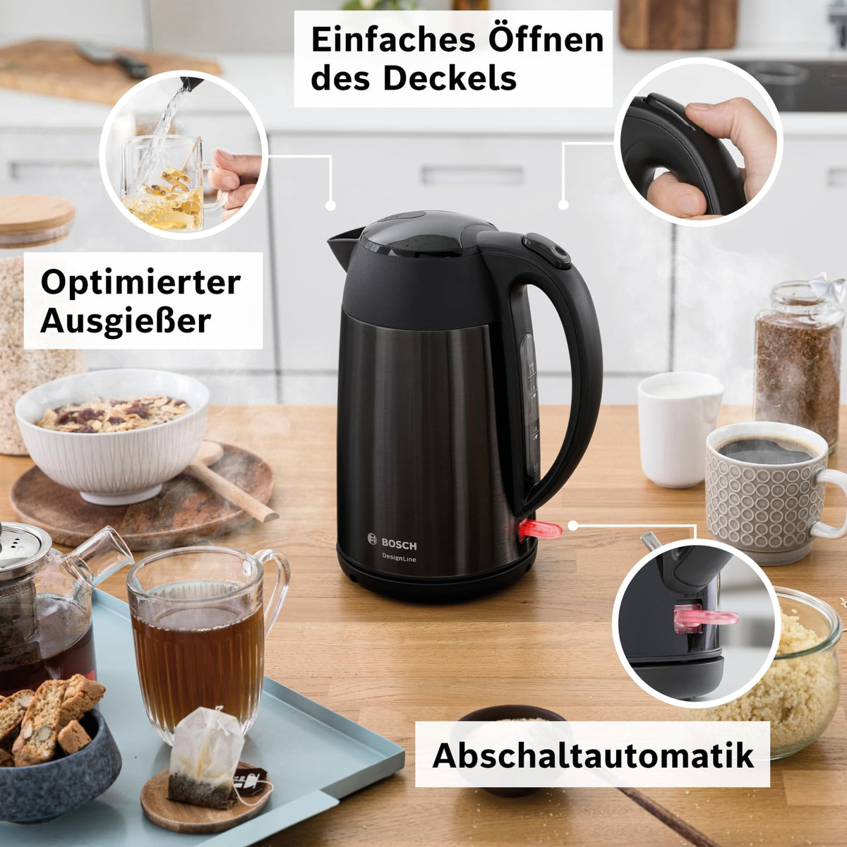 Bosch cordless kettle DesignLine TWK3P423  
 DesignLine cordless kettle, spill-free pouring, cup indicator, water level indicator, overheating protection, 1.7 L, 2400 W, black