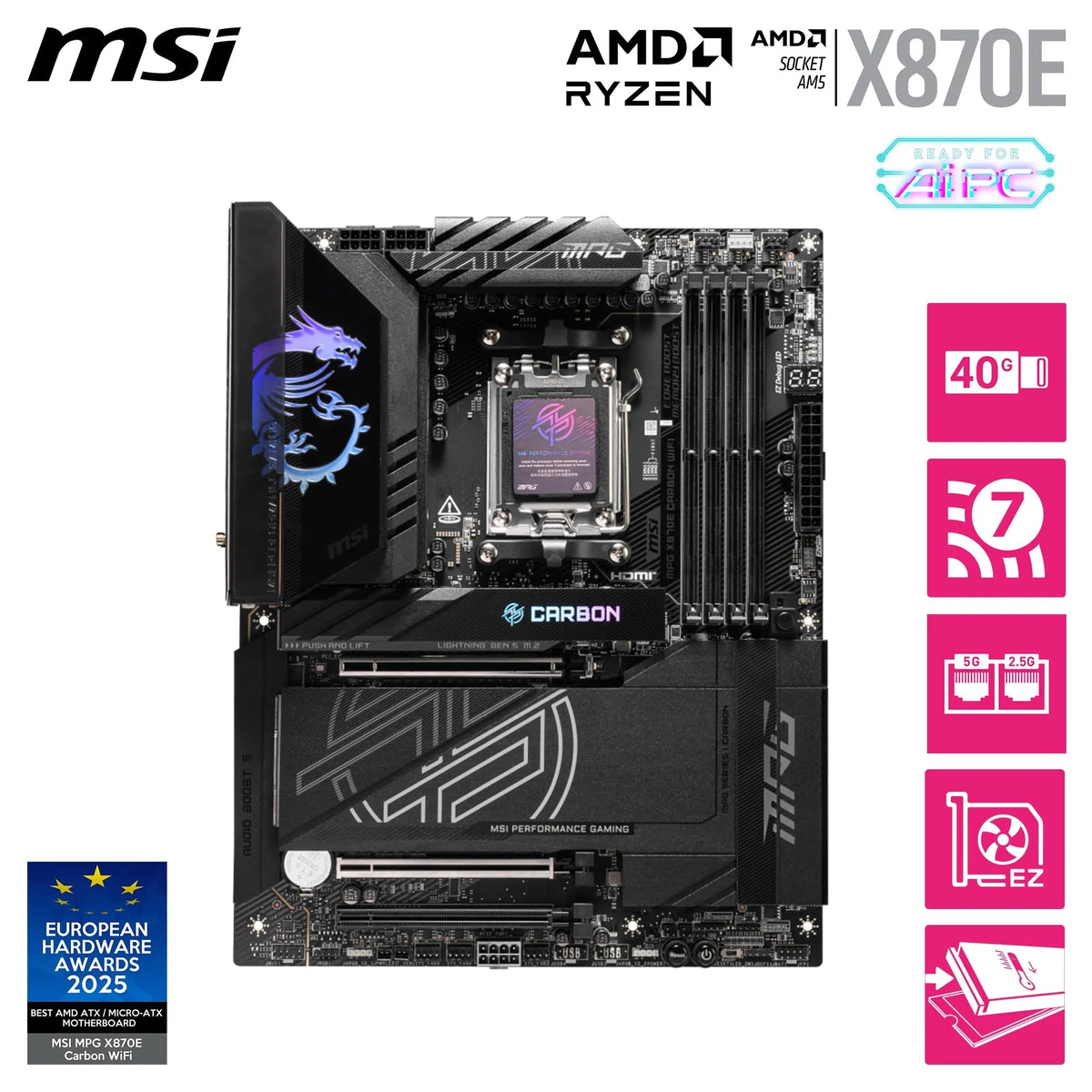 MSI MPG X870E Carbon WiFi Placă de bază, ATX - Suportă procesoare AMD Ryzen 9000/8000/7000, AM5-110A SPS VRM, DDR5 Memory Boost 8400+MT/s (OC), PCIe 5.0 x16 & 4.0 x16, M.2 Gen5, Wi-Fi 7, 5G LAN - 7E49-001R