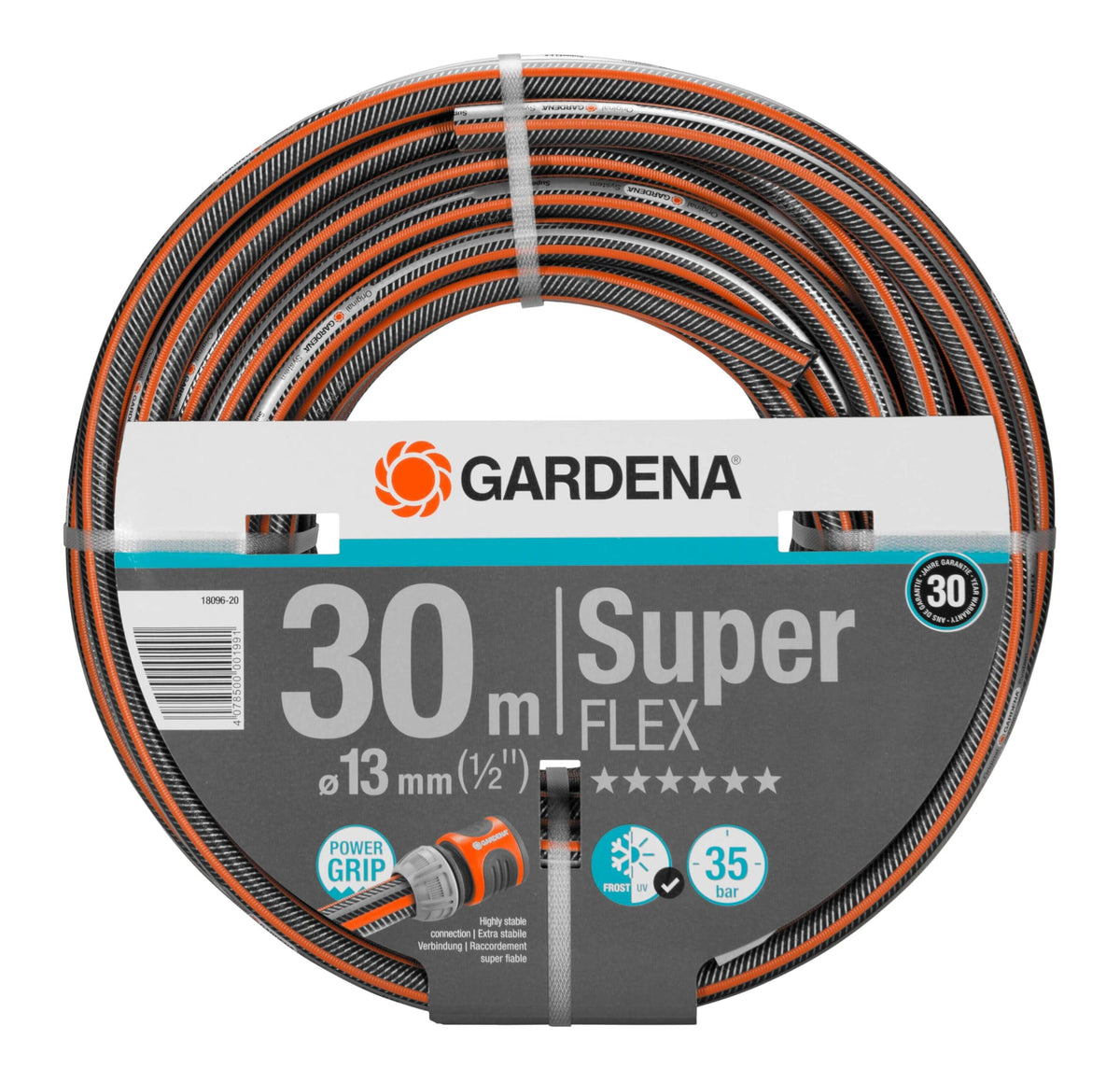 Gardena Premium SuperFLEX hose 13 mm (1/2 inch), 30 m: garden hose with power grip profile, 35 bar bursting pressure, highly flexible, dimensionally stable, UV-resistant (18096-20) black