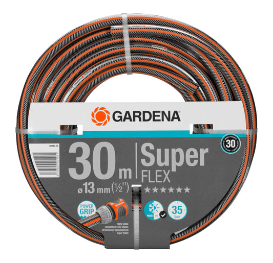Gardena Premium SuperFLEX hose 13 mm (1/2 inch), 30 m: garden hose with power grip profile, 35 bar bursting pressure, highly flexible, dimensionally stable, UV-resistant (18096-20) black