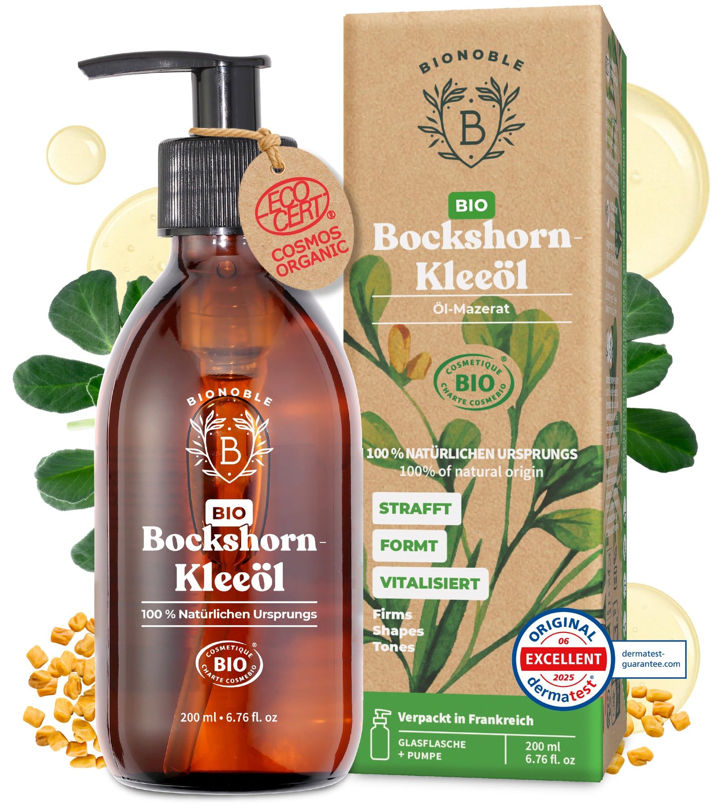 BIONOBLE Organic Fenugreek Oil - Firms and shapes breasts and buttocks - 100% Natural Fenugreek Oil - Odorless oil macerate from seeds - Organic Fenugreek Oil - Glass bottle with pump - 200ml - France