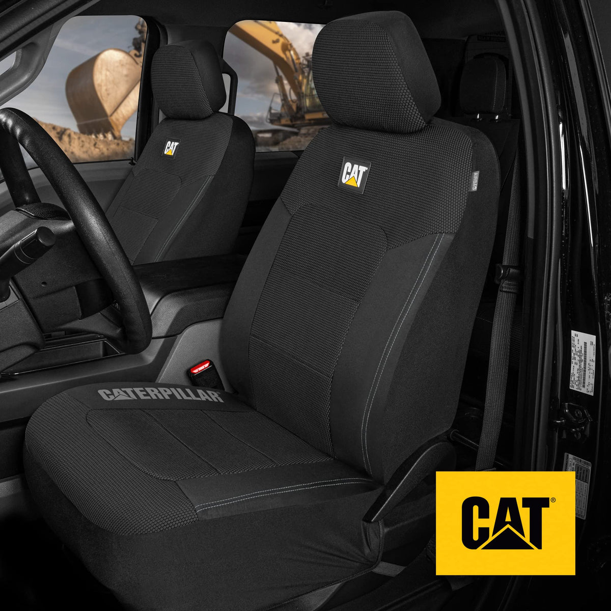CAT Caterpillar MeshFlex Car Seat Covers for Cars, Trucks, and SUVs (2-piece set) - Black  
 Car seat covers for front seats, truck seat protectors with comfortable mesh back, car interior covers - CASC-2284-BK