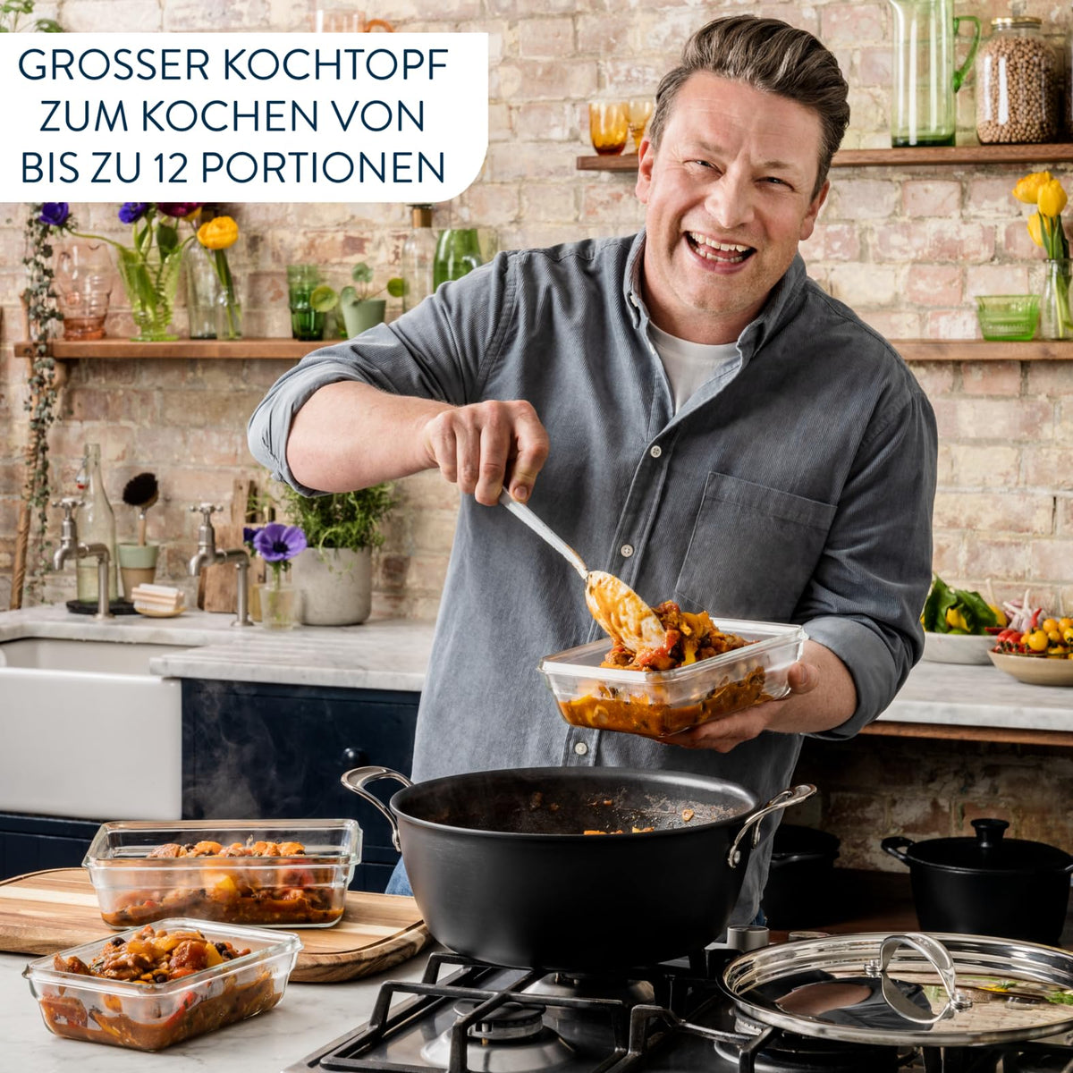 Set de gătit Tefal Jamie Oliver, oală cu fund harteloxat pentru inducție de 30 cm, cu strat antiaderent, ideală pentru cantități mari, cu semnal termic la temperatura optimă de prăjire, inox/negru, H91254 - H9125444