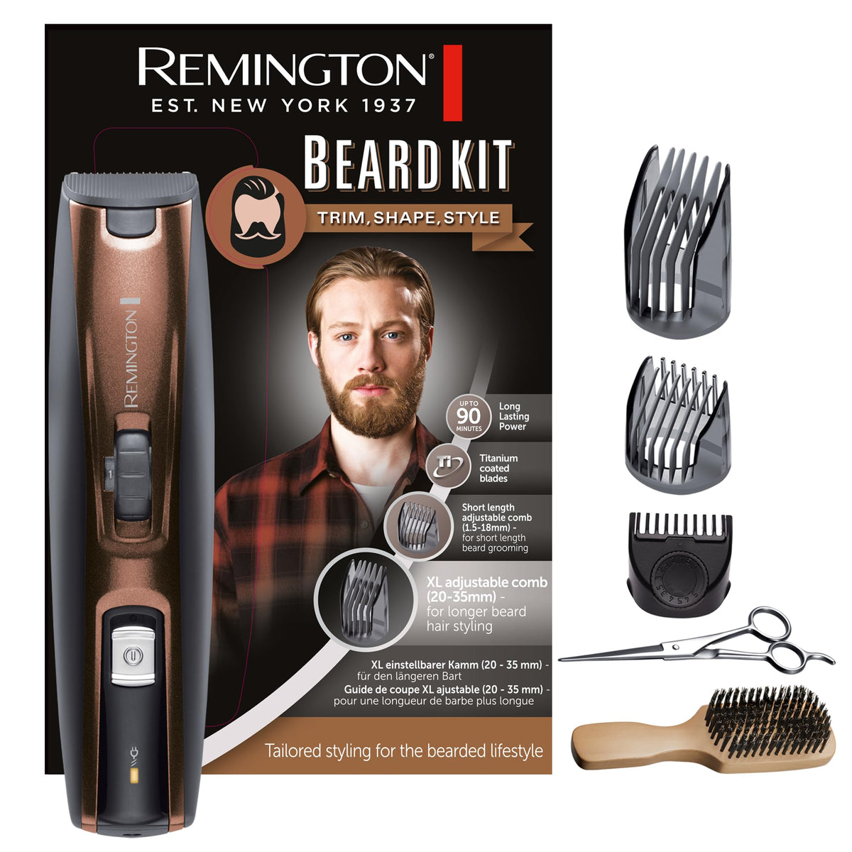 Remington Beard Trimmer for Men [including XL-long full beard attachment/0.4mm-35mm/titanium self-sharpening blades] Beard Trimmer Set (3 attachment combs: stubble/short/XL, mains/battery operation, long hair trimmer) MB4046