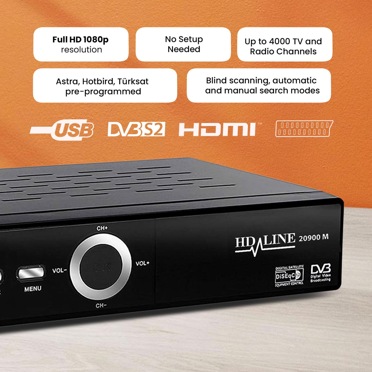 Hd-line 20900 HD Sat Receiver Satellite DVB S2 HD Receiver for SAT Digital Satellite SAT Receiver (DVB-S/S2, HDMI, SCART, 2X USB 2.0, Full HD 1080p) (Pre-programmed for Astra Hotbird and Türksat) - HD-LINE
