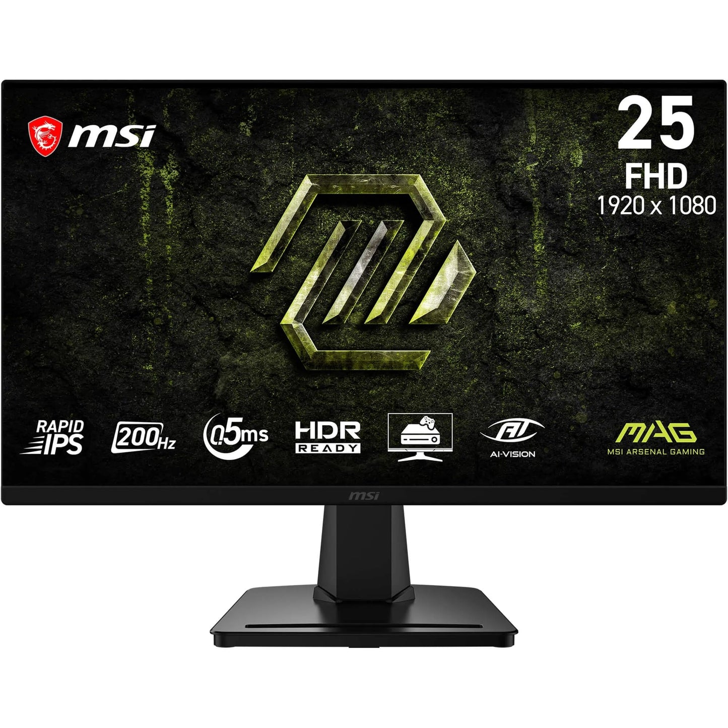 MSI MAG 256FA E20 24.5" Gaming Monitor, 1920 x 1080, FHD Rapid IPS, 200 Hz, 0.5 ms, HDR Ready, AMD FreeSync Premium, Eye Care, AI Vision, HDMI 2.0b, DP 1.2a, Frameless, VESA Mount, Black - 4711377398015