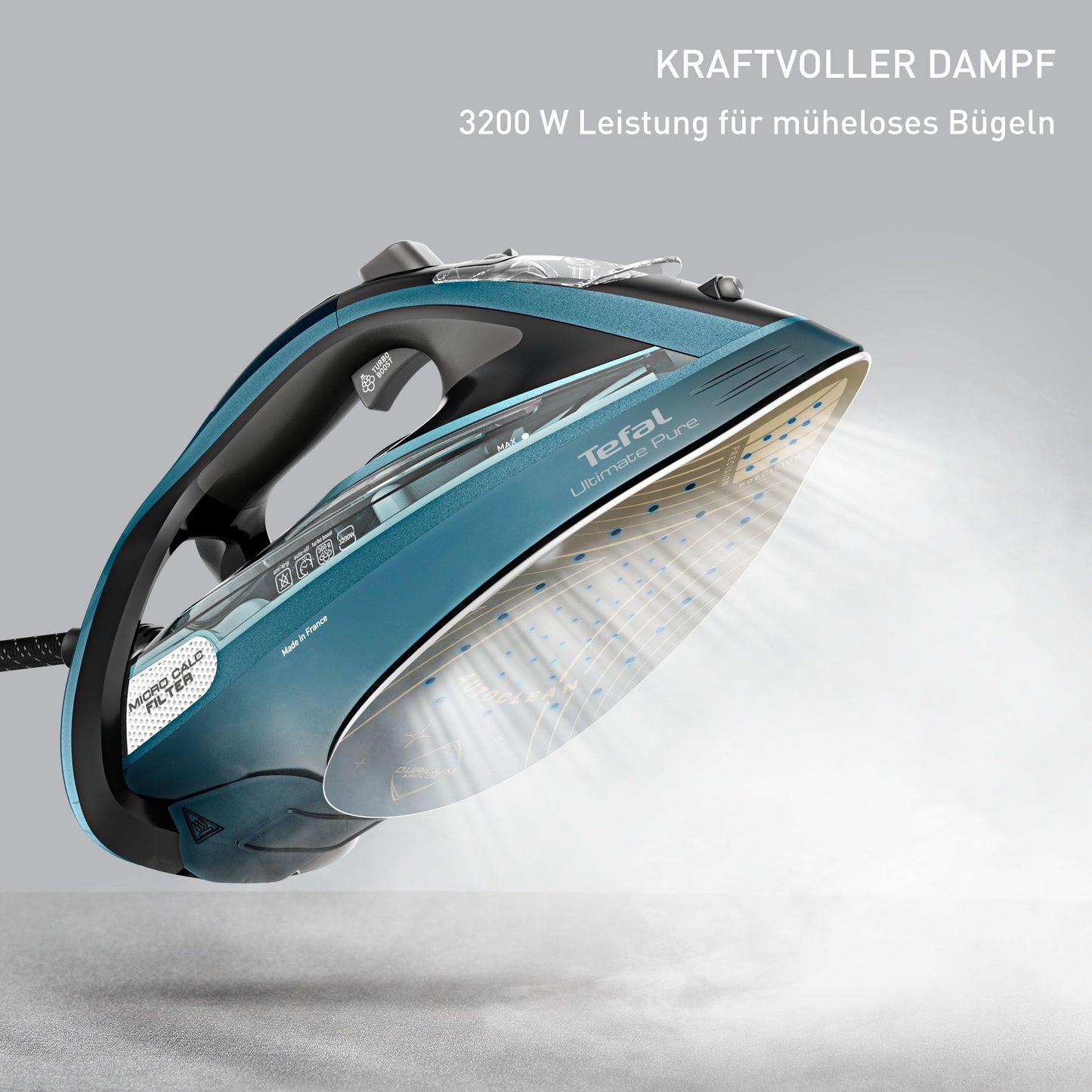 Tefal Ultimate Pure steam iron, 3200 watts, powerful steam, 300 g/min. extra steam boost, AutoClean soleplate, Micro Calc, automatic switch-off, drip stop, black/blue, FV9851E0