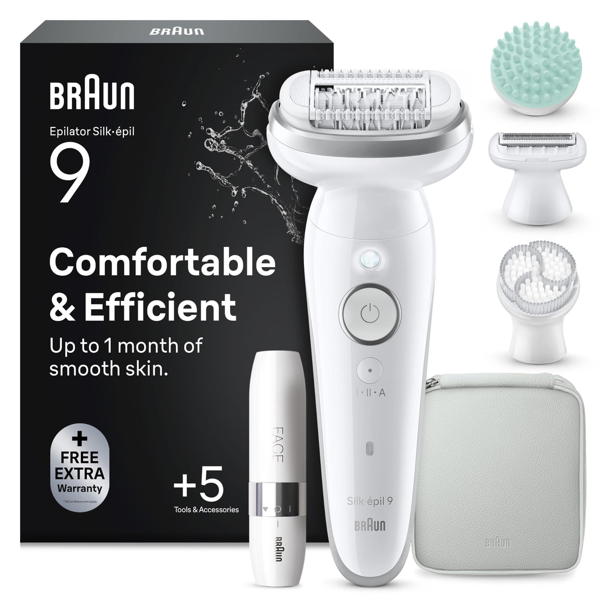 Braun Silk-épil 9 SkinSpa Epilator pentru femei, set All-in-One, dispozitiv pentru îndepărtarea părului pentru o îndepărtare de lungă durată, ladyshaver, rezistent la apă — inclusiv Facespa pentru îndepărtarea părului de pe față — 9-381, alb/silver -
