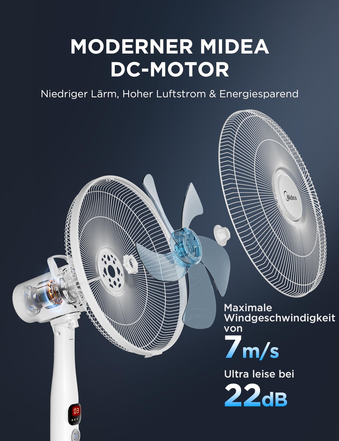 Midea FS40-16CR DC motor pedestal fan quiet Extreme, with remote control, 12 speeds, 12H timer, 4 modes, LED display, energy saving, 22 dB, height adjustable, air circulation, white