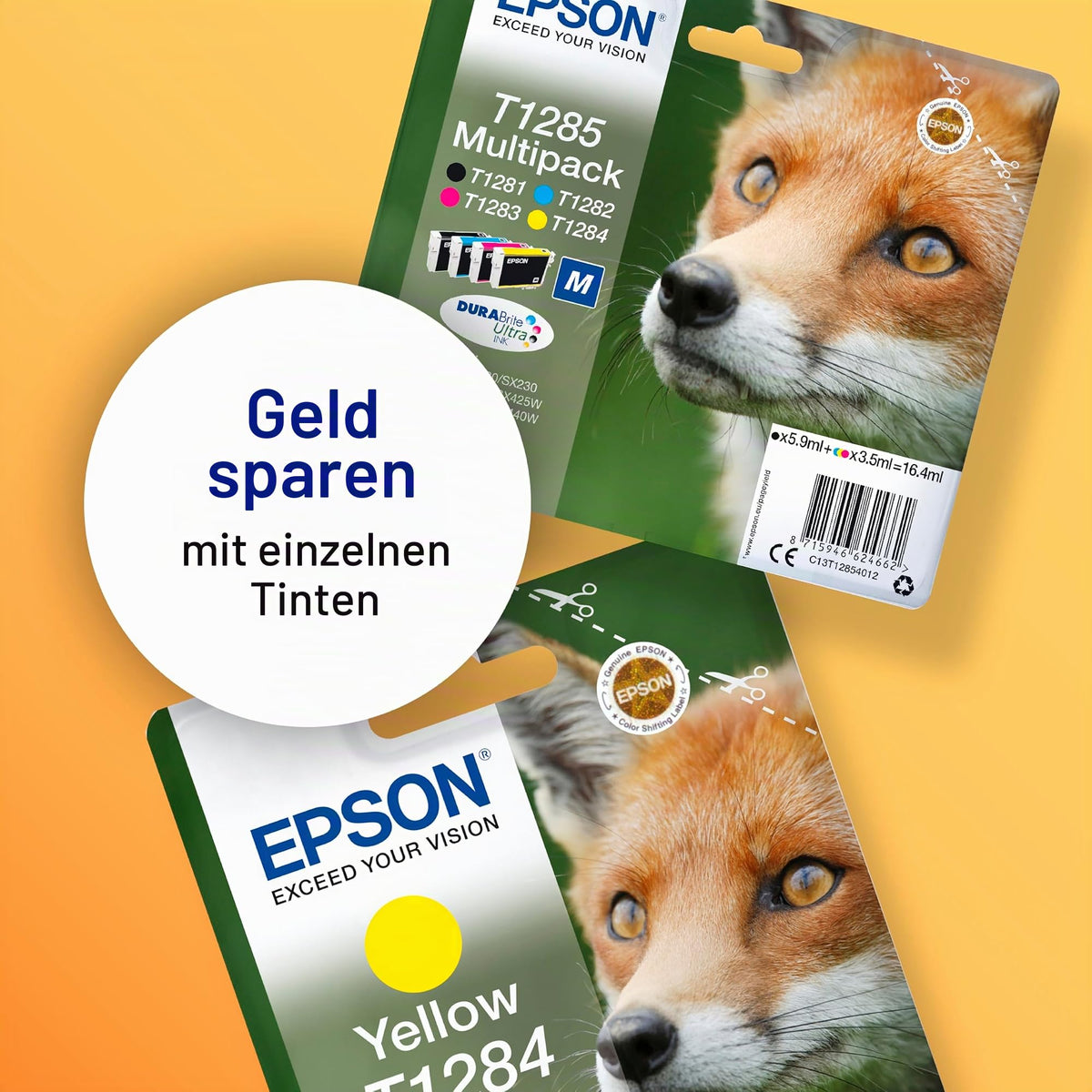 Epson Original Fuchs DURABrite T1282 Multipack EasyMail Ink Cartridge, reduced plastic packaging – 4 colors: Cartridges: Black, Cyan, Magenta, Yellow – 1 x 5.9 ml, 3 x 3.5 ml - C13T12854511