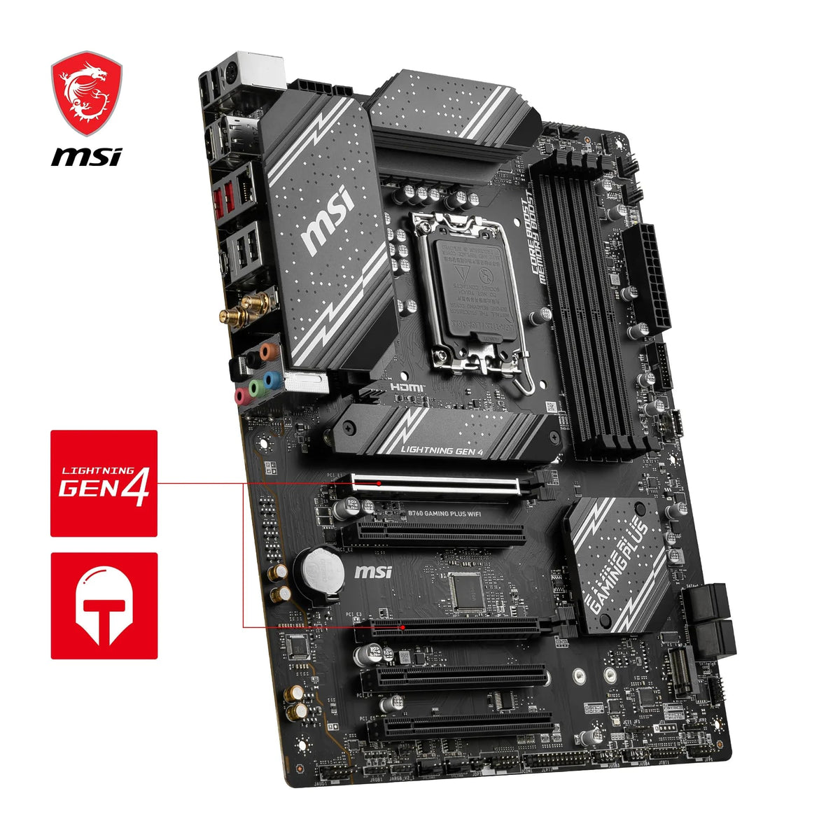 MSI B760 Gaming Plus WiFi Motherboard, ATX - Supports Intel Core processors of the 14th, 13th, and 12th generation, LGA 1700 - DDR5 6800+MHz/OC, 2 x PCIe 4.0 x16, 2 x M.2 Gen4, 2.5G LAN, Wi-Fi 6E - 7D98-007R