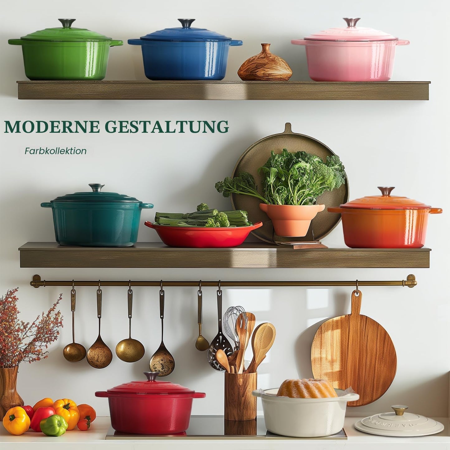 Overmont roasting pan enamel cast iron pot - casserole 26cm oven-safe - with lid and cookbook - for kitchen baking stewing roasting sea blue - Sea
