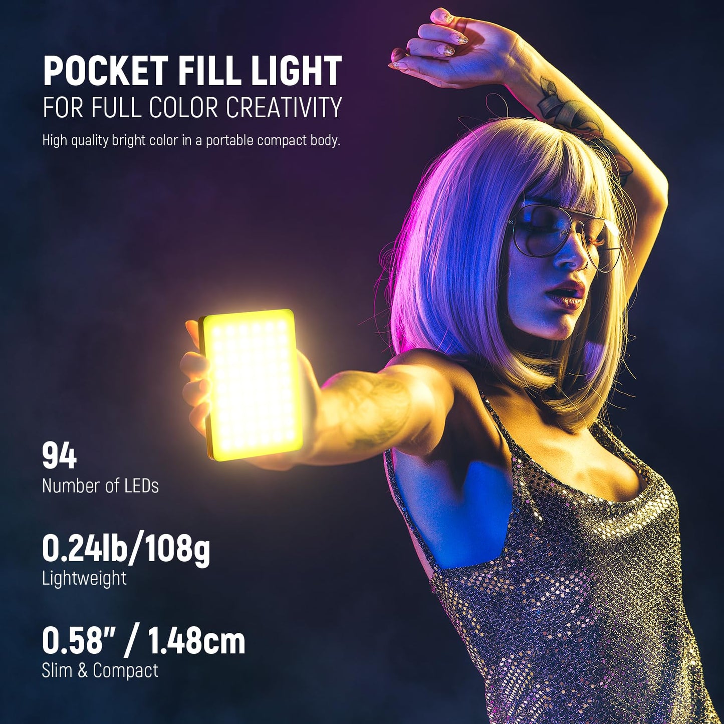 NEEWER VL67C RGB selfie lamp for iPhone, app-controlled, 94 LEDs, CRI97, 2000 mAh, portable, cold shoe mount as camera light, portable clip for front and back, for TikTok