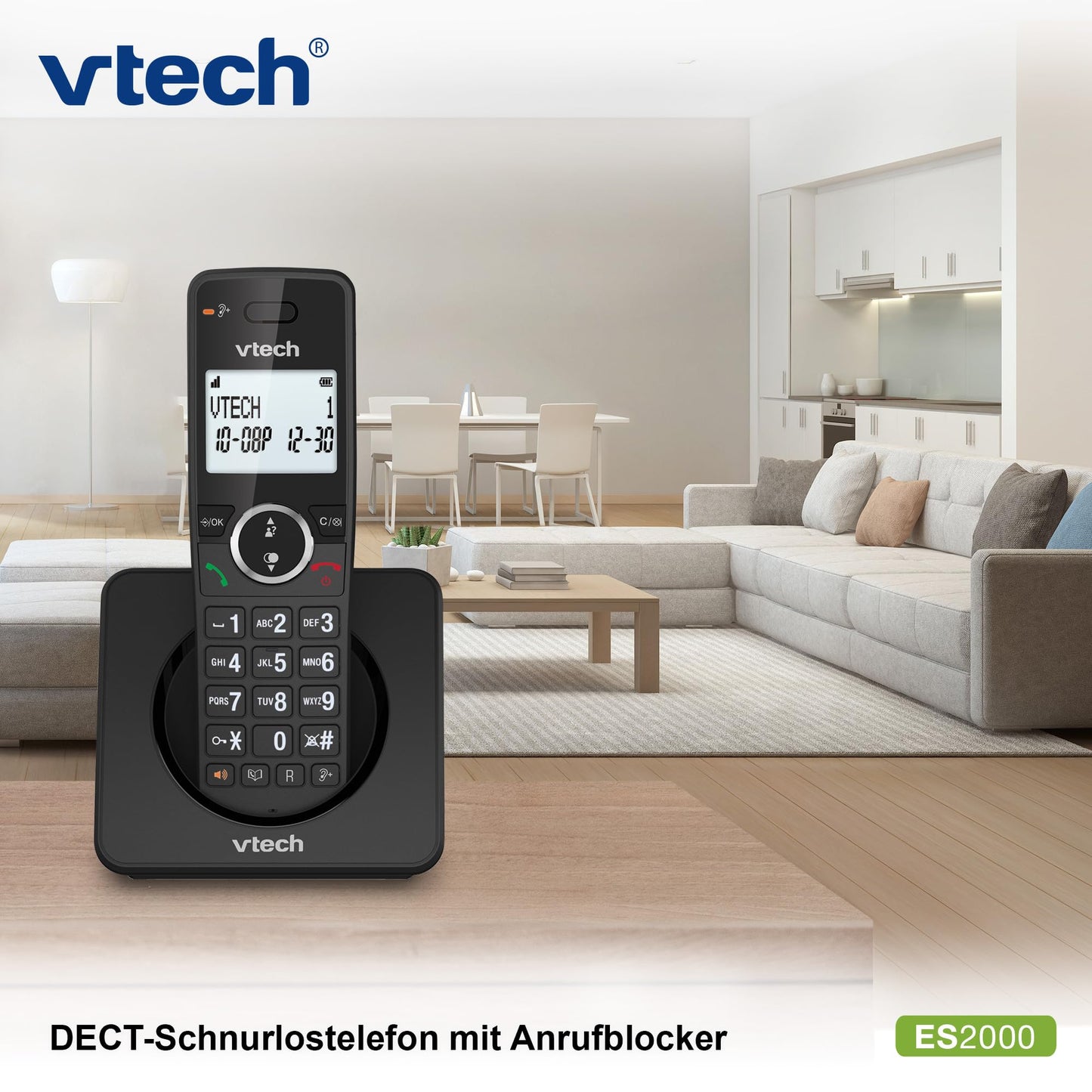 VTech ES2000 DECT Cordless Telephone with Call Blocking, Volume Control, Caller ID/Call Waiting, 18 Hour Talk Time, Speed Dial, Backlit Display and Keypad, ECO Mode, Black