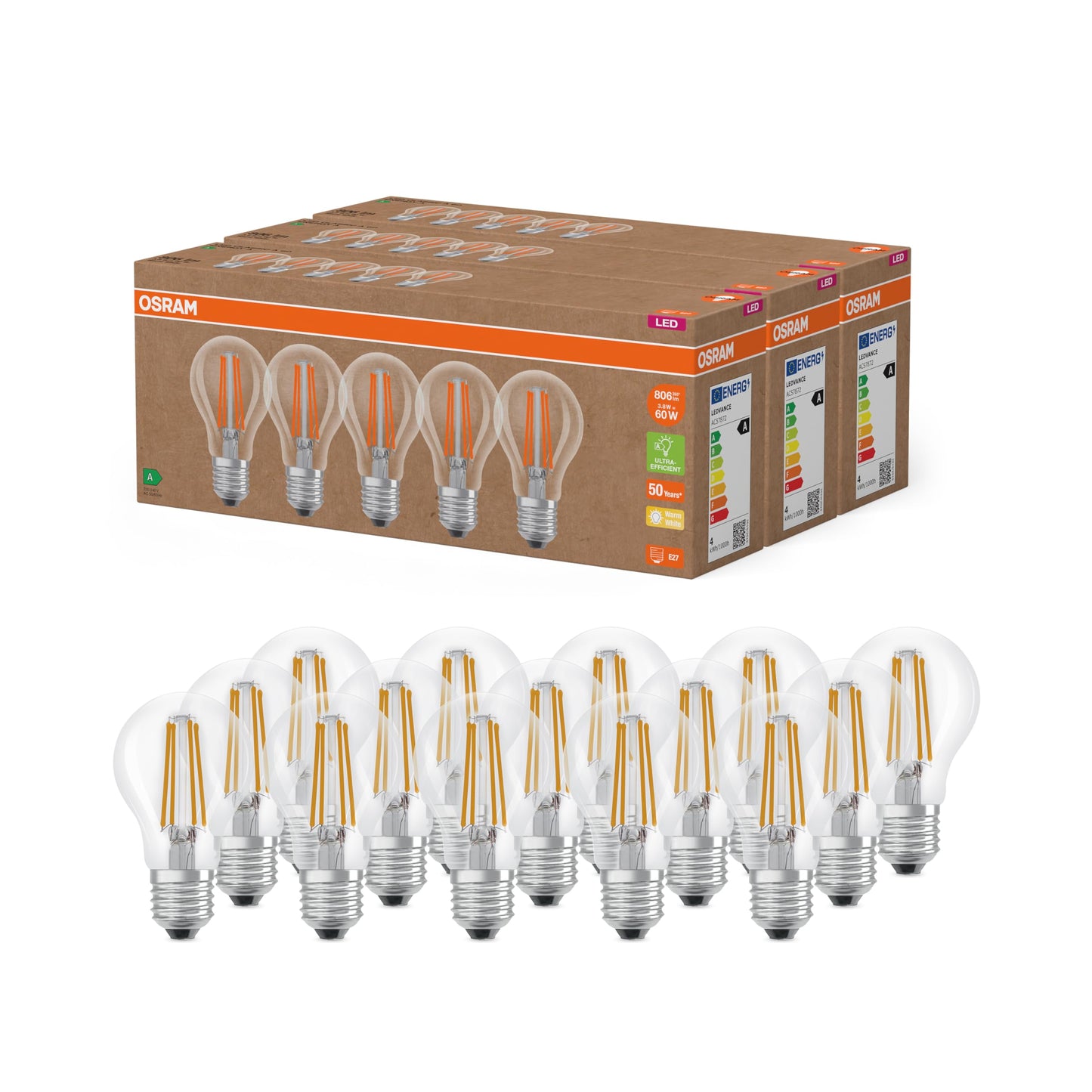 Osram highly efficient LED lamps with energy efficiency class A, value pack with 15 bulbs, replaces conventional 60W light bulbs, warm white (2700K), E27, filament glass - 4099854297601