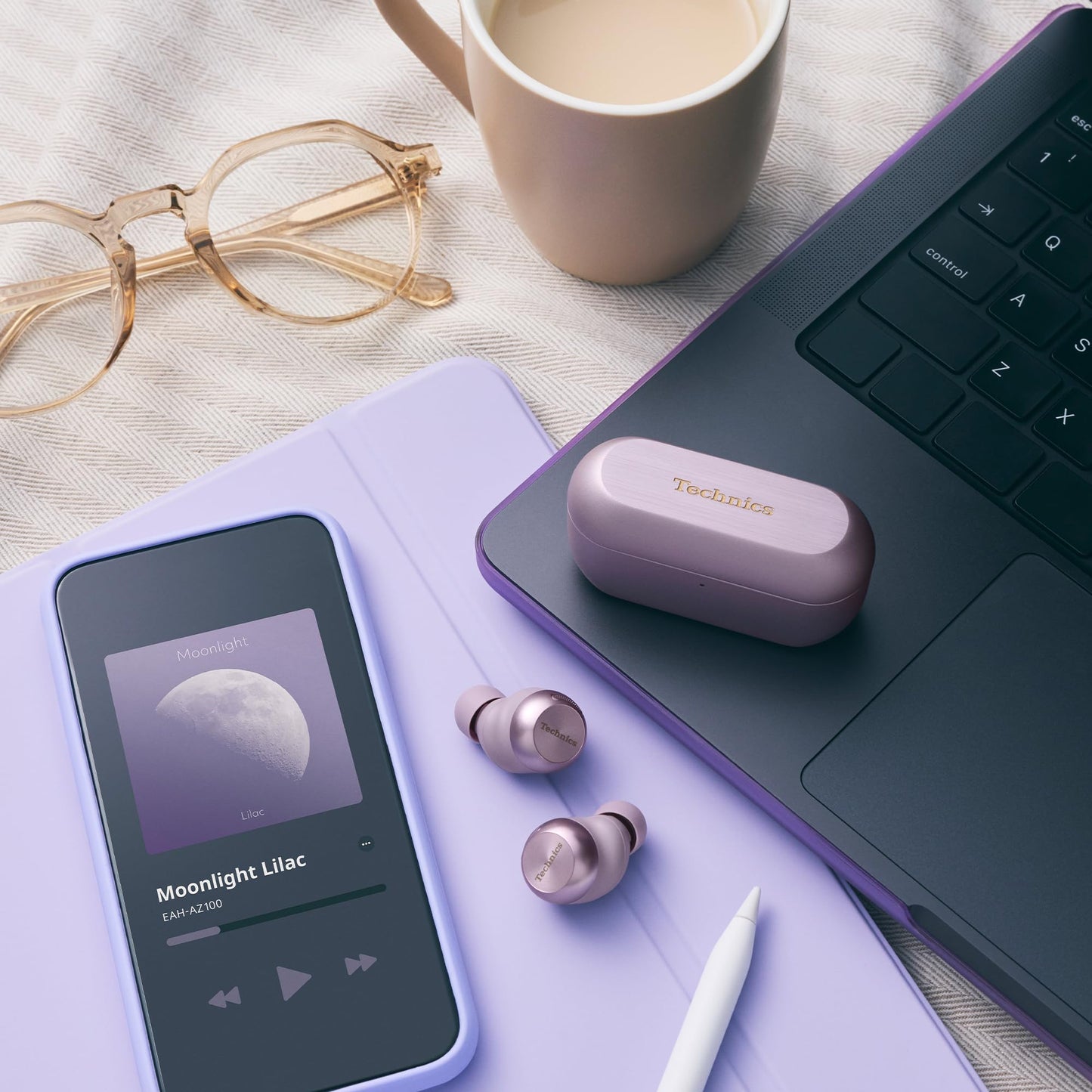 Technics EAH-AZ100 10mm True Wireless Earbuds with Magnetic Fluid Driver, Adaptive Noise Canceling, Voice Focus AI, 3-Device Multipoint, Dolby Atmos, Qi, IPX4, Lilac - EAH-AZ100E-V