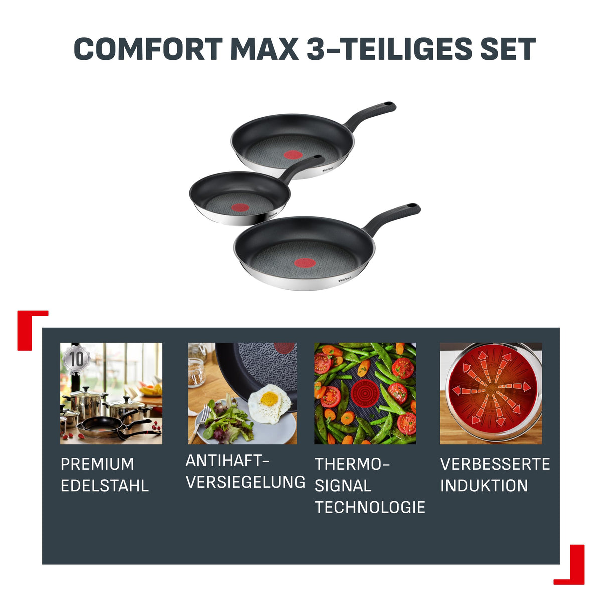 Set de tigăi Tefal Comfort Max 3 piese, înveliș Power Resist - G7263S04