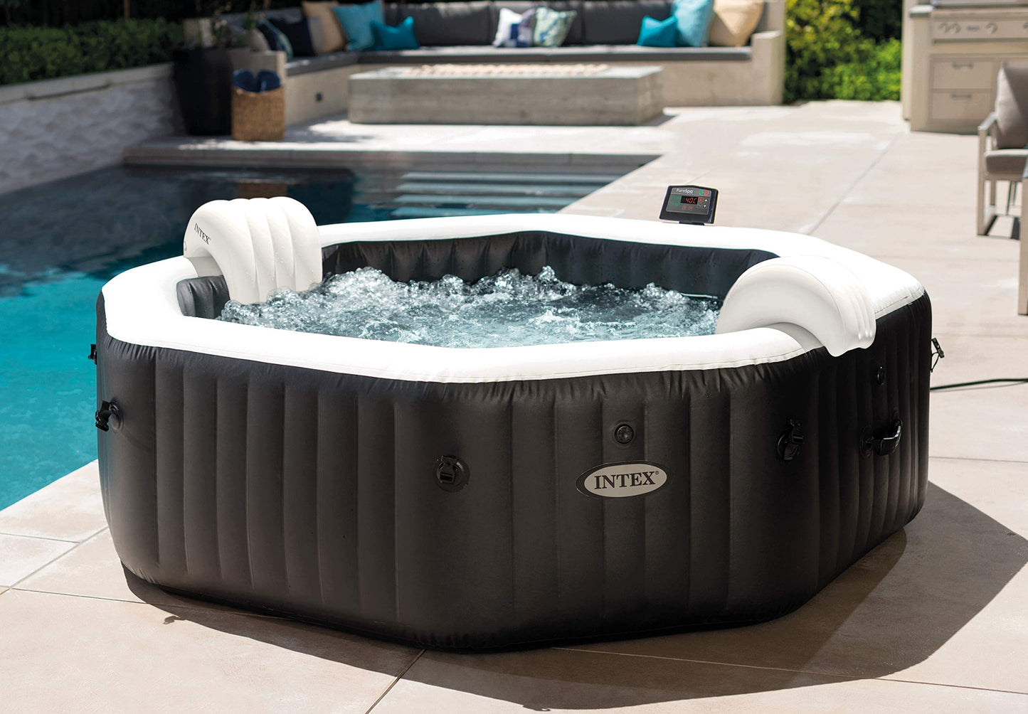 INTEX PureSPA Jet+Bubble Deluxe inflatable indoor & outdoor whirlpool for 6 people 1098 L (196 x 71cm) water softening & salt water system - 140 massage jets - 2200 W heating system (28462)