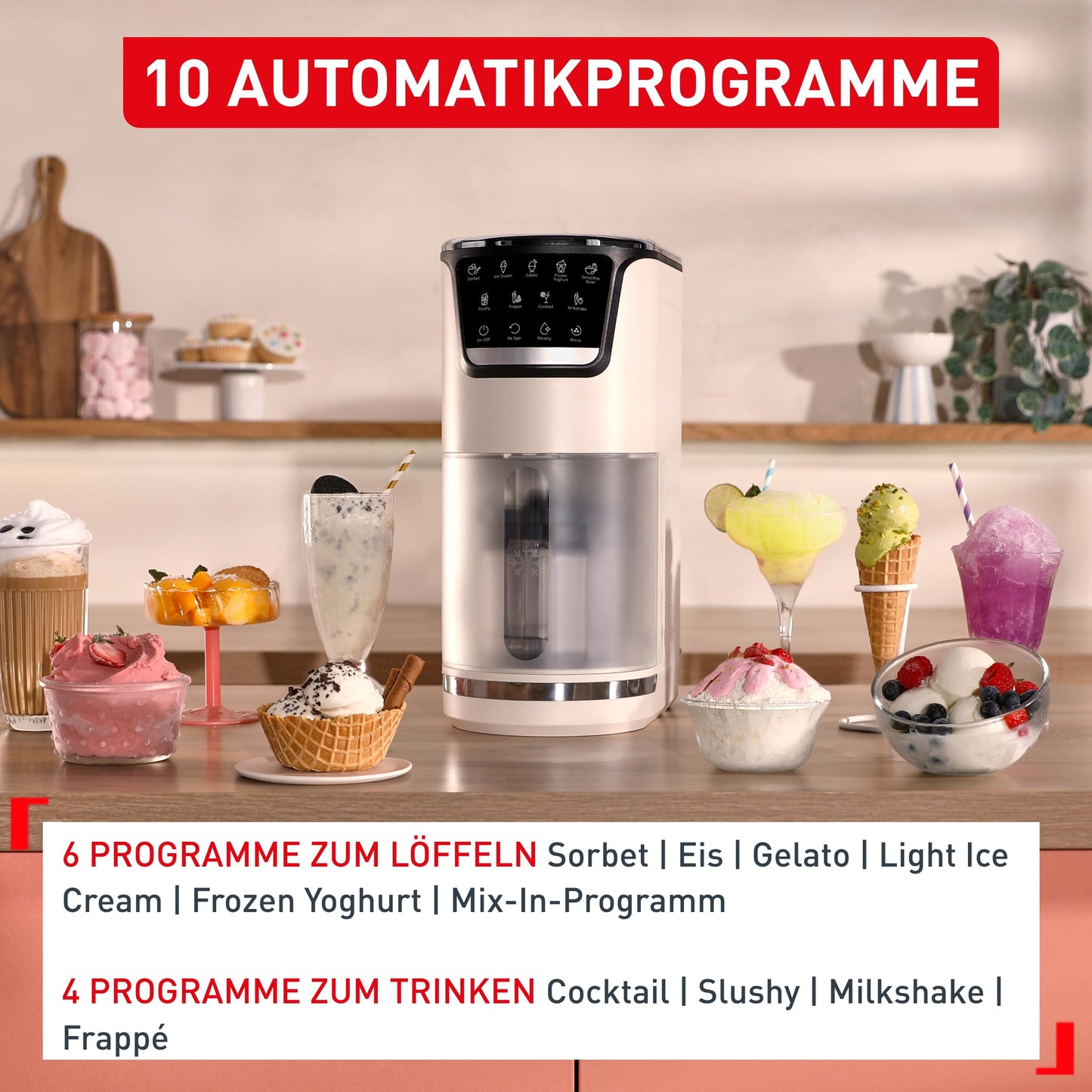 Tefal Dolci ice cream machine - soft ice cream, gelato & sorbet at the touch of a button, 10 programs & 1-step perfector, incl. 3x Tritan cups & ice cream scoop, mix-in function & automatic cleaning program - IG604AE0