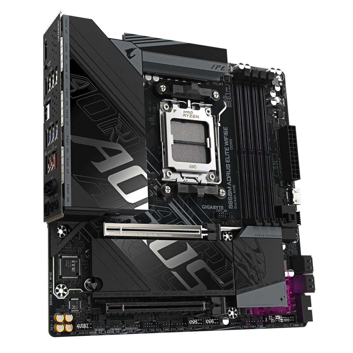 GIGABYTE B850M AORUS Elite WIFI6E Motherboard – Compatible with AMD Ryzen 9000 Series processors, featuring a digital 12+2+2 phase VRM, supports up to 8200 MHz DDR5 (O.C.), 1x PCIe 5.0 + 1x PCIe 4.0 M.2, Wi-Fi 6E, and 2.5 GbE LAN.