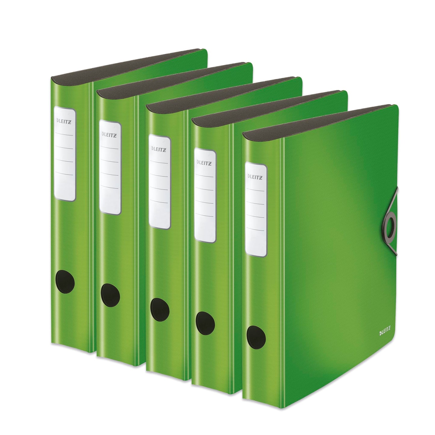 Leitz quality folder 180° Active Solid, pack of 5, A4, narrow, rounded spine, 6.5 cm wide, elastic band closure, light polyfoam, plastic folder, light green, 10481050 - 10481050-5