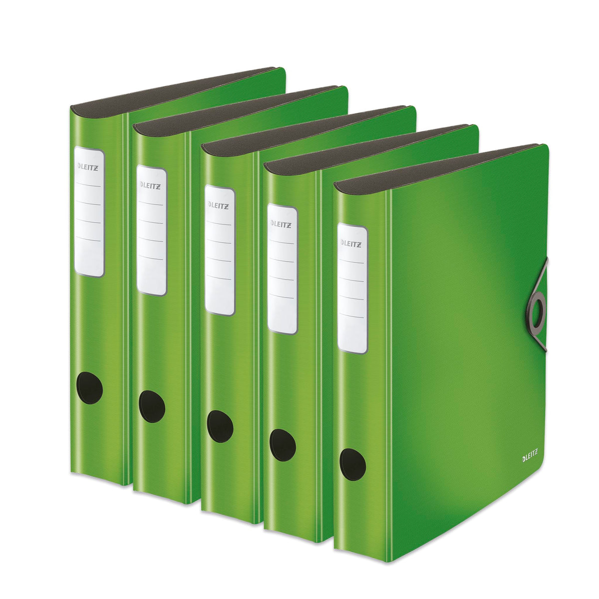 Leitz quality folder 180° Active Solid, pack of 5, A4, narrow, rounded spine, 6.5 cm wide, elastic band closure, light polyfoam, plastic folder, light green, 10481050 - 10481050-5