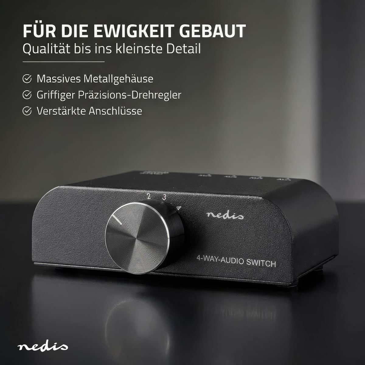 Nedis Audio Switch - Audio Switch - 4 Sources - 3x RCA and 1x 3.5 mm Jack Input - RCA Switch - Plug and Play - Aluminum - ASWI2424AT